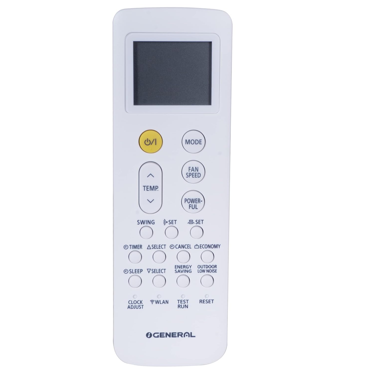 O'General 1 Ton 5-Star Inverter AC remote control with various buttons and display features.