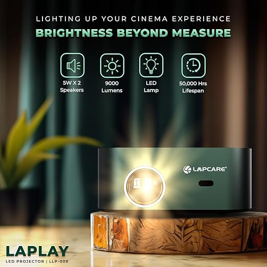 LAPCARE Laplay Llp-009 Fully Automatic 9000 Lumens Projector with 1920X1080 Full Hd&4K|Keystone Focus|Dual Band WiFi(2.5Ghz+5Ghz),Quad Core Processor|6-Piece Auto Hd Silent Lens,(5Wx2) Speaker,Black