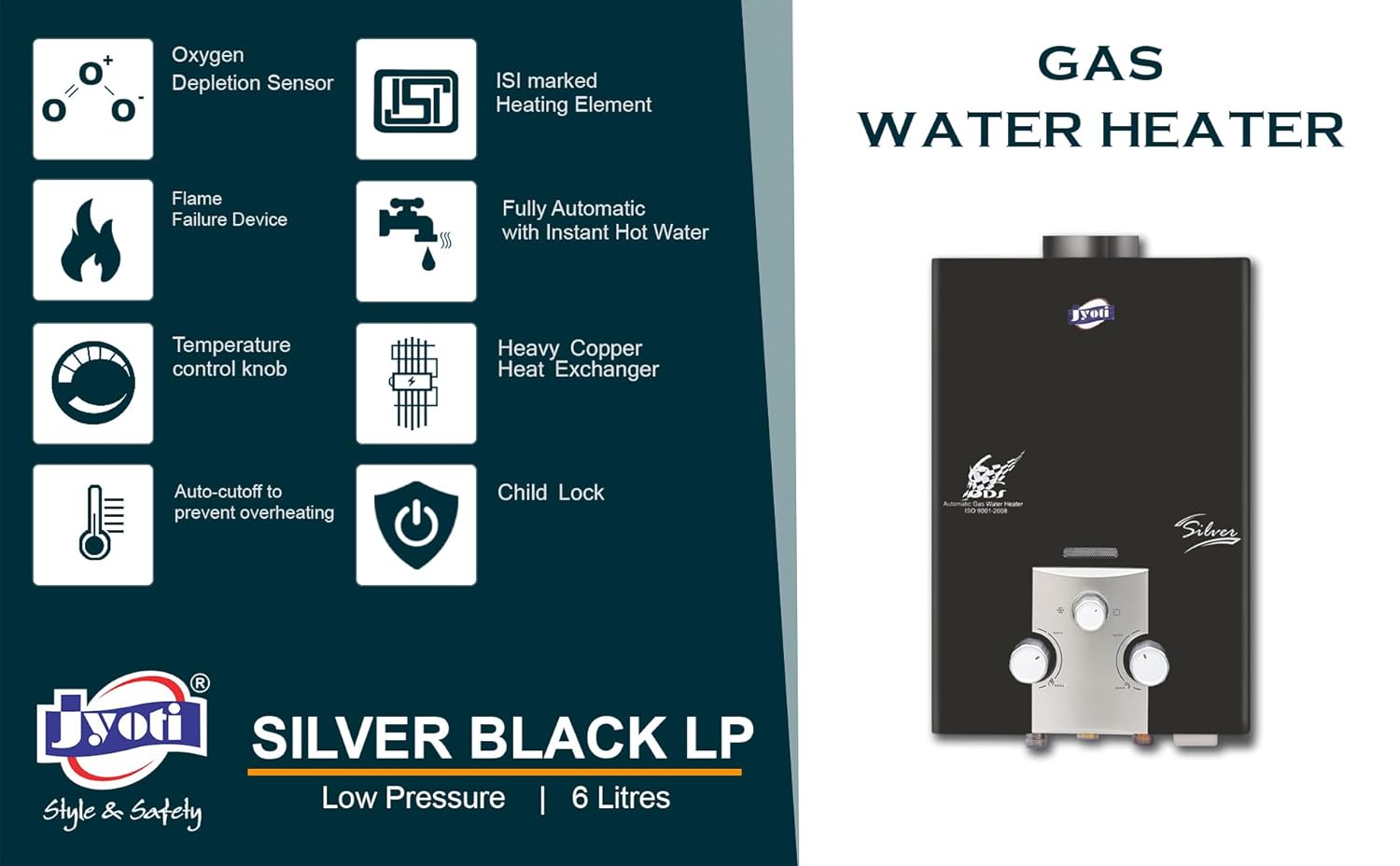 JGS-GAS GEYSER SILVER BLACK LP 6 LTR