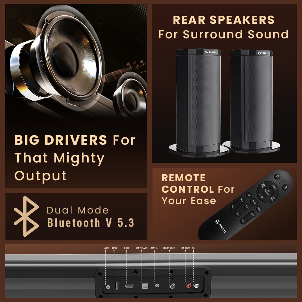 Toreto Harmony Boom 550W Dolby Digital Audio Soundbar 5.1 Channel Home Theater with subwoofer and Satellite Speakers, HDMI, Opt, AUX, USB & Bluetooth, 3 Equalizer Modes, LED Display (Black)