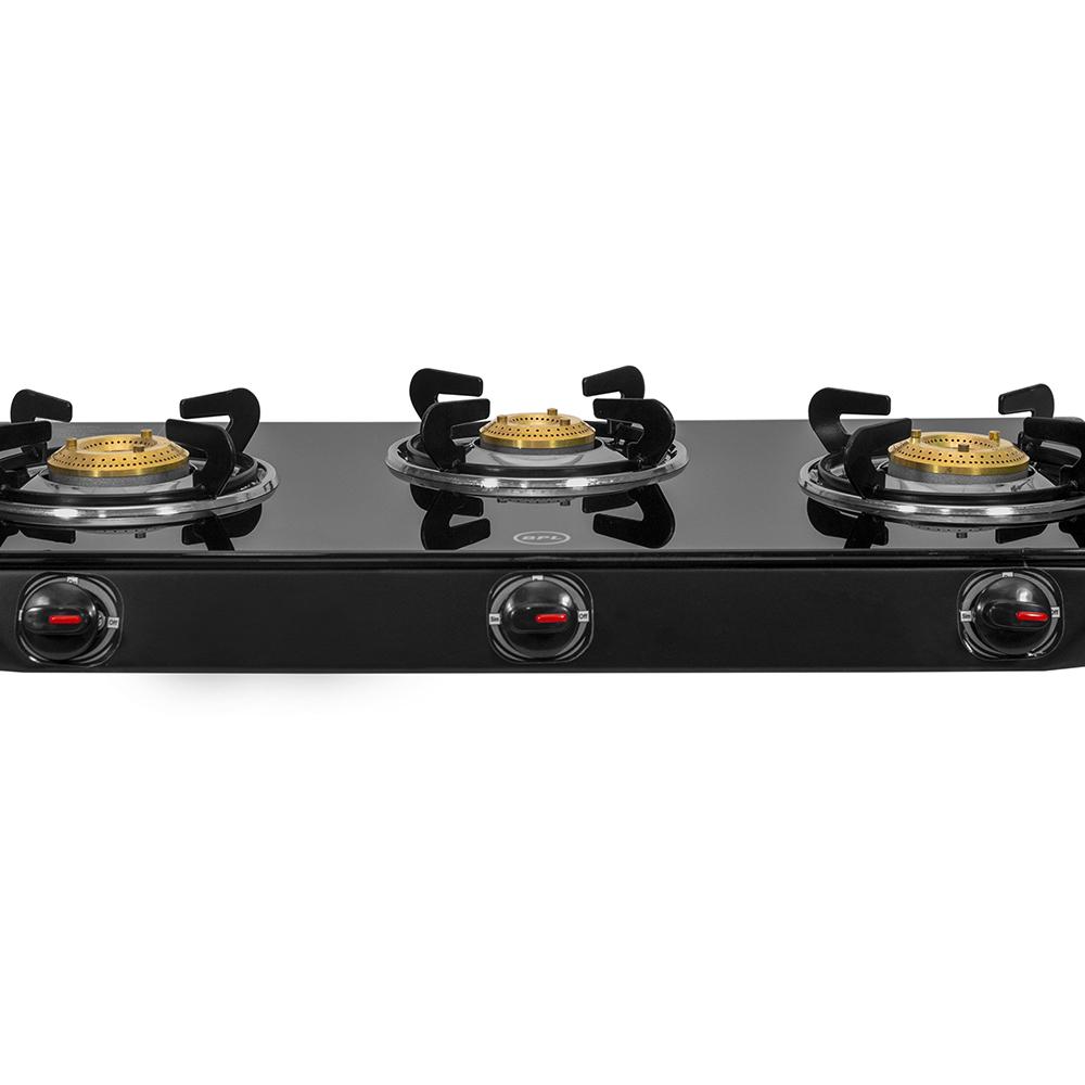 BPL Glass Top 3-Burner Gas Stove with Toughened Glass Top, Brass Burner & Valve, Nylon Base Knobs, 2 Years Warranty