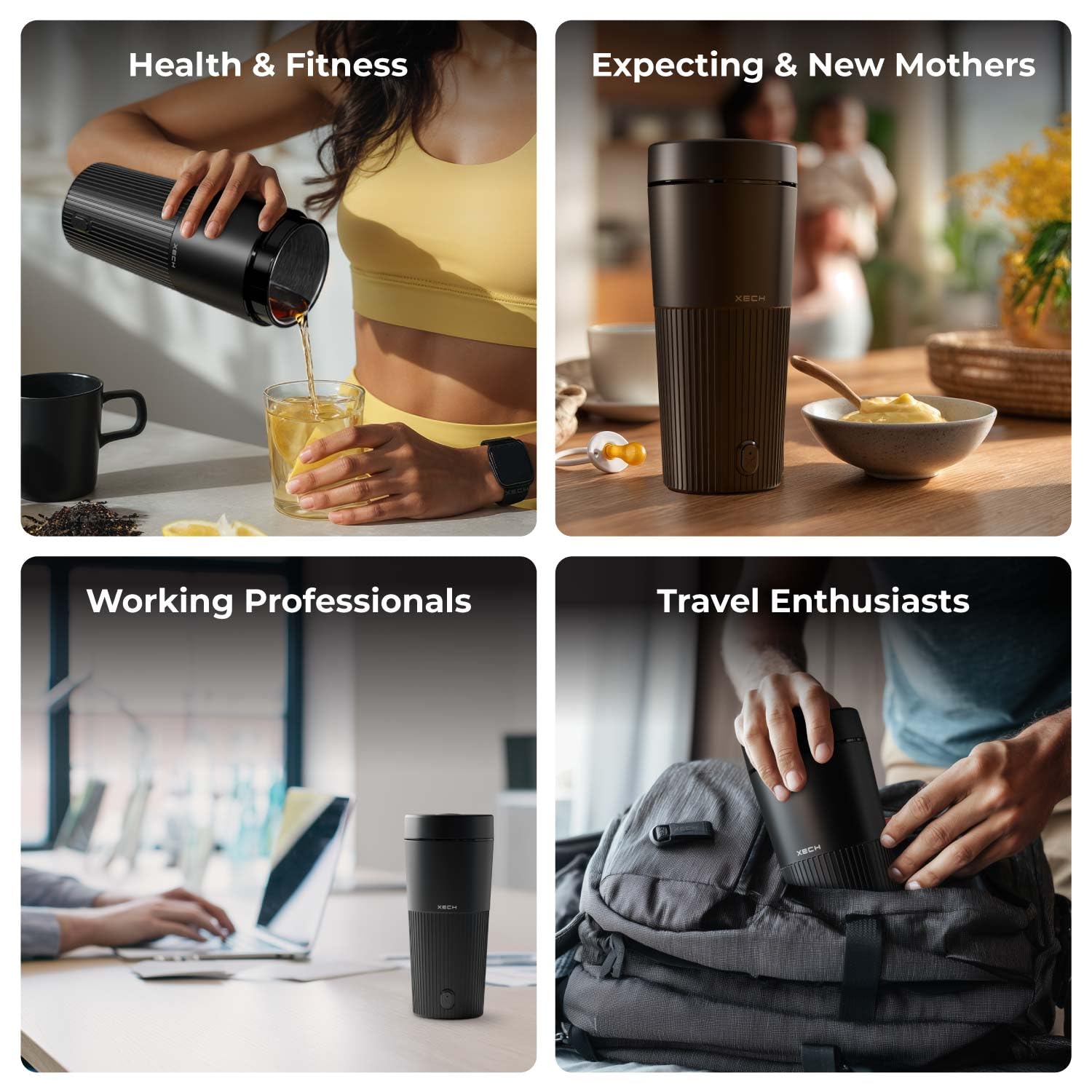 XECH Electric Kettle used by health enthusiasts, expecting mothers, professionals, and travel lovers.