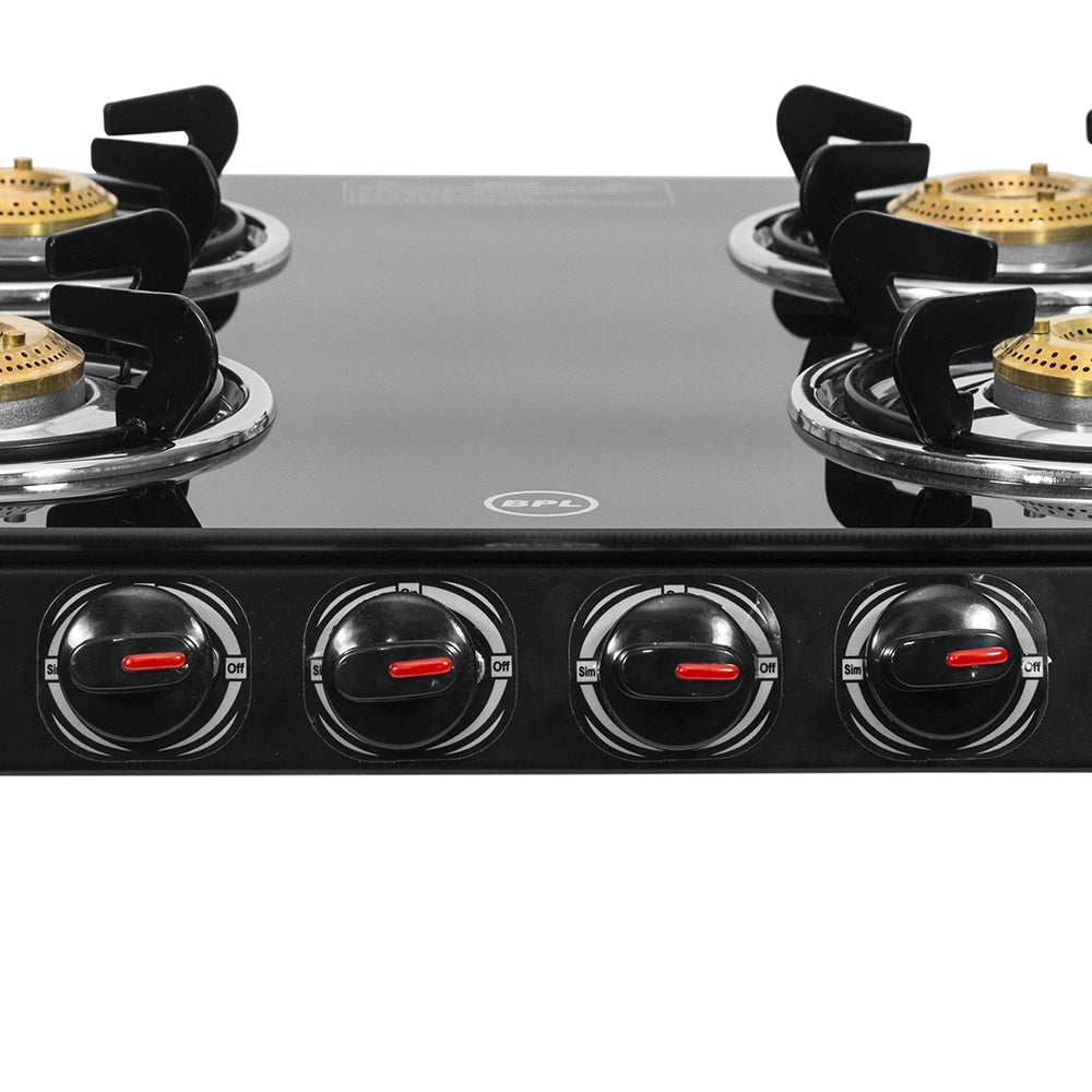 BPL BGSGTR2334BE 4-Burner Glass Top Gas Stove, Brass Burners