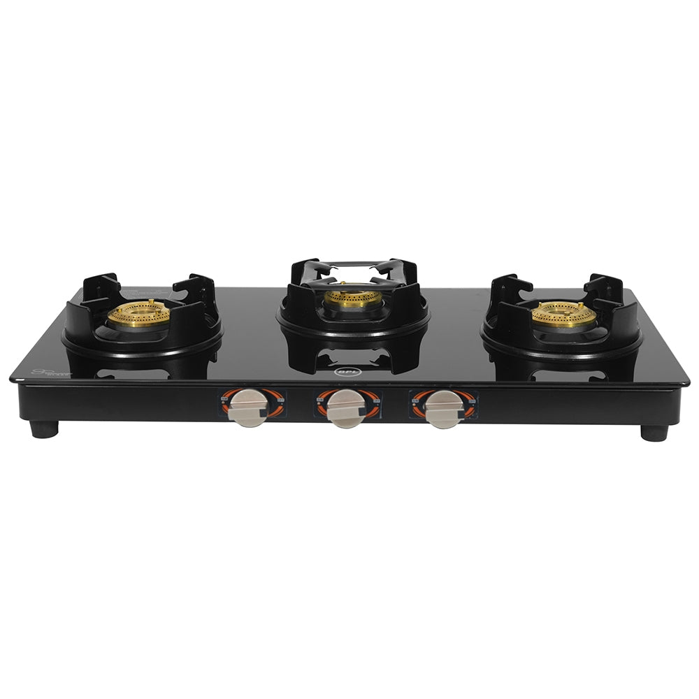 BPL BGSGTS0053B Slim Glass Top 3-Burner Gas Stove, Metal Knobs