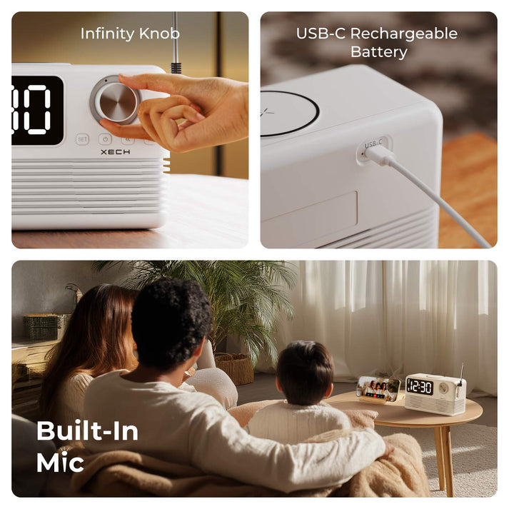 #Color_White_Xech EON Max Retro Alarm Clock Speaker with 15W Wireless Charger and Bluetooth