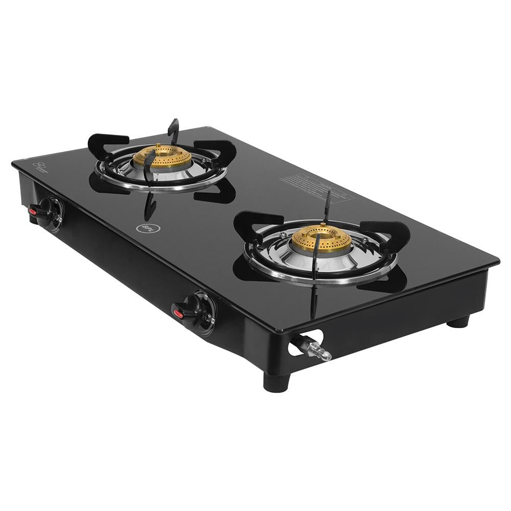BPL Glass Top 2-Burner Gas Stove with Toughened Glass Top, Brass Burner & Valve, Nylon Base Knobs, 2 Years Warranty
