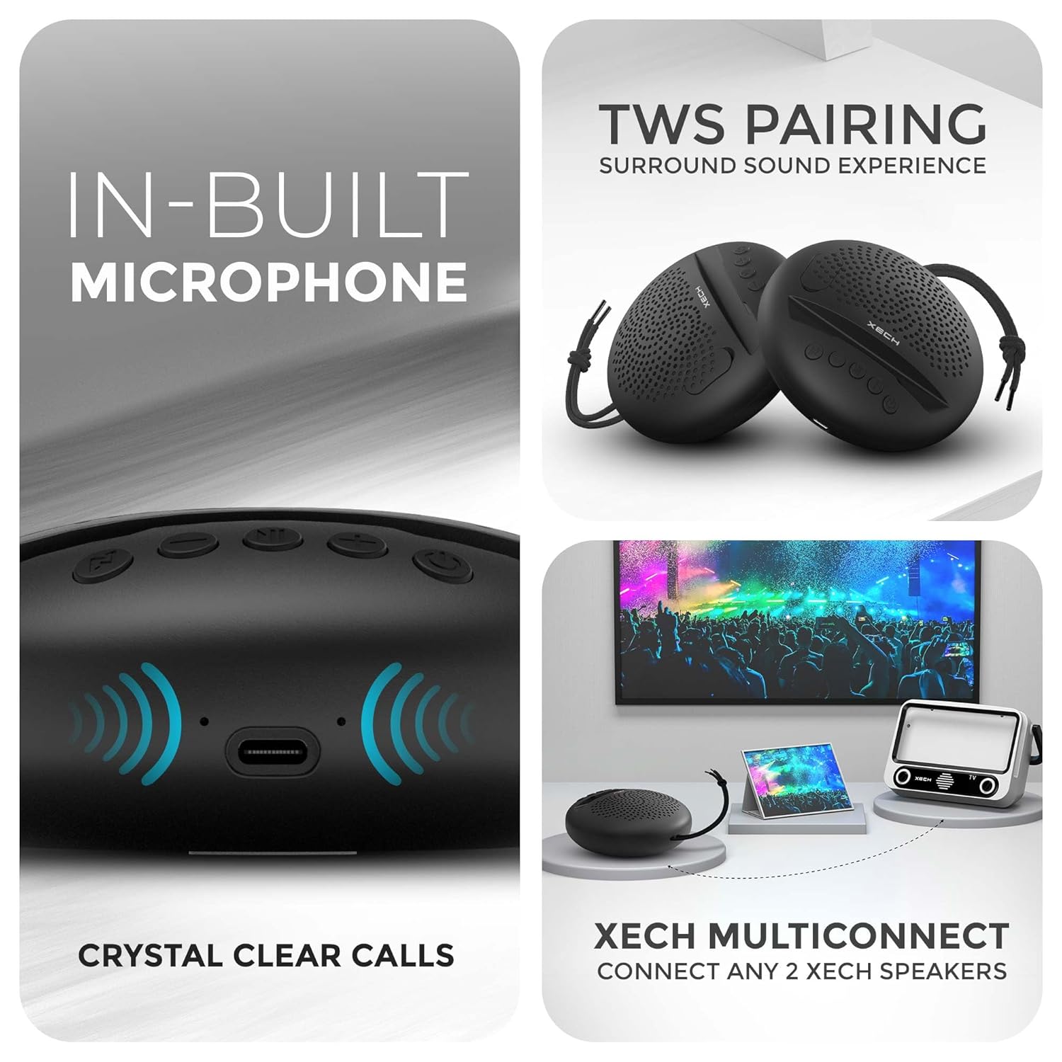Xech wireless mini speaker showing in-built microphone, TWS pairing, and multi-connect features for crystal clear calls.