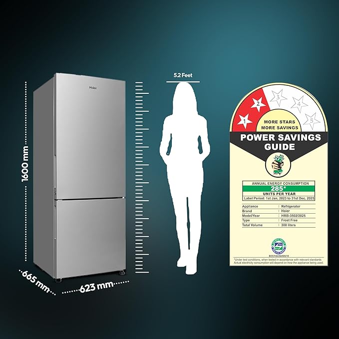 Haier 300 L, 2 Star, Twin Inverter Technology, Frost Free Double Door Bottom Mount Refrigerator (HRB-3502BS-P, Brushline Silver) Haier 300 L, 2 Star, Twin Inverter Technology, Frost Free Double Door Bottom Mount Refrigerator (HRB-3502BS-P, Brushline Silver)