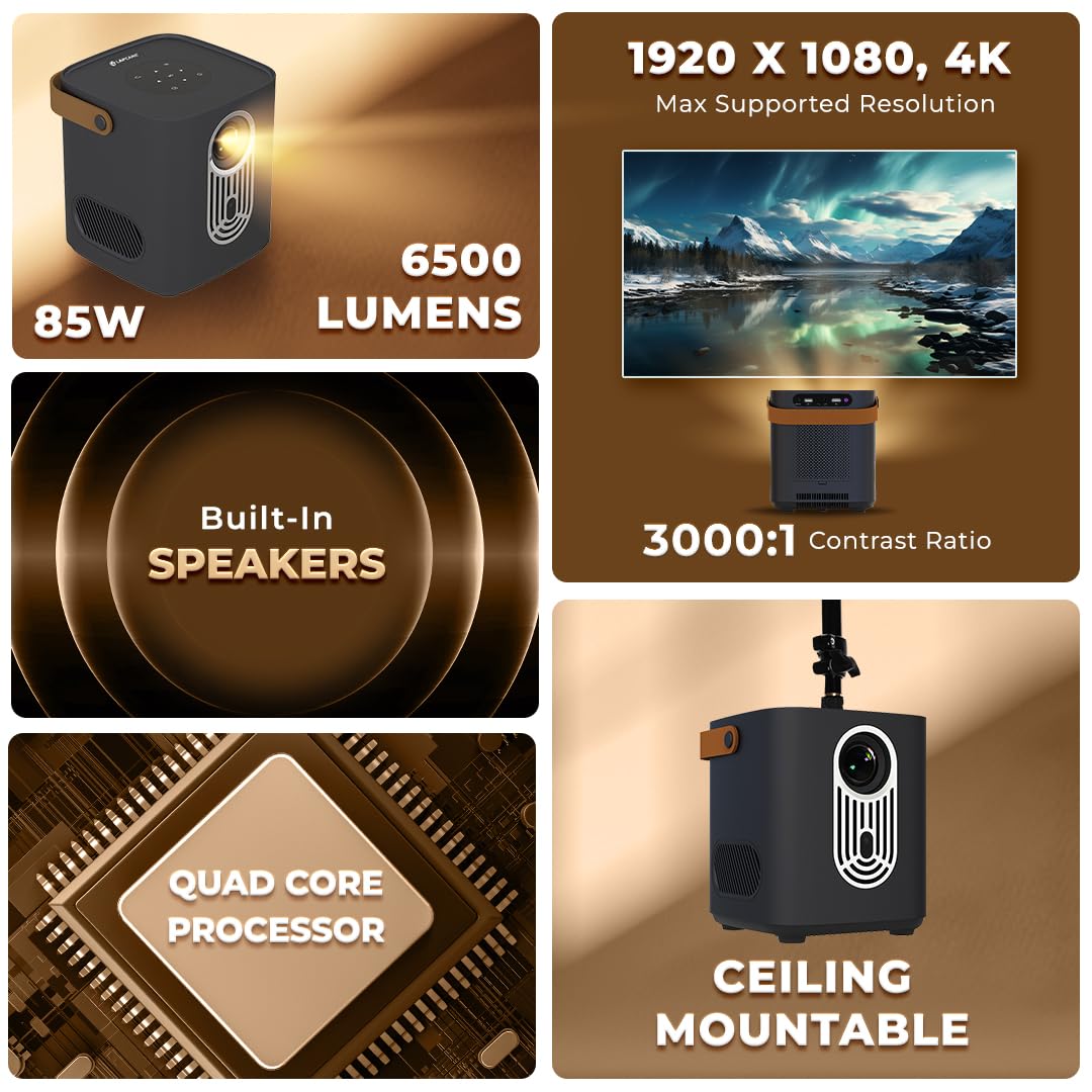 LAPCARE Laplay Llp-006 85W Fully Automatic 6500 Lumens Projector with 1920X1080 Fhd&4K|Auto Focus|Dual Band WiFi (2.5Ghz+5Ghz),Quad Core Processor|in-Built 5W X 2 Speaker|Led Lamp|Dust Proof,Black