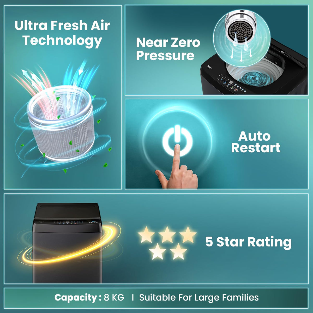 Haier 8 Kg 5 Star Top Load Washing Machine