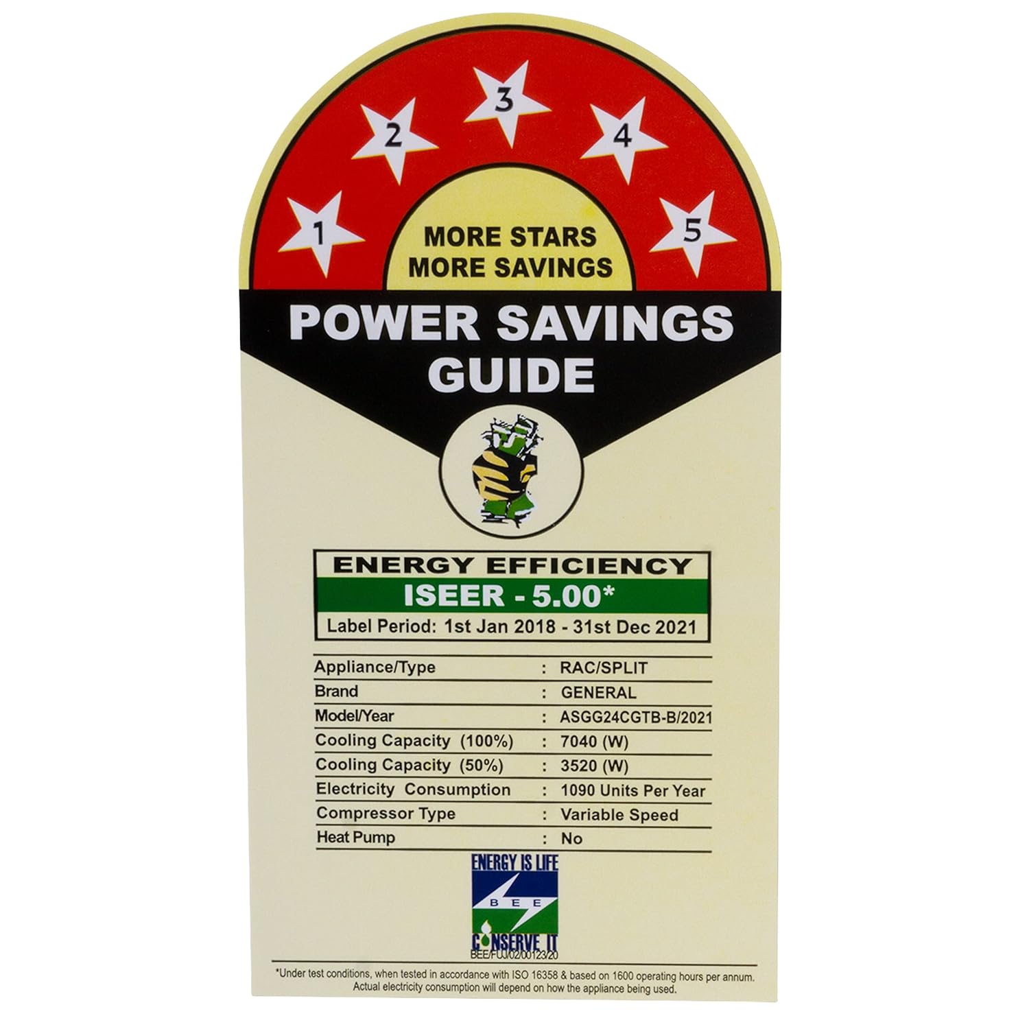 O'General 1 Ton 5-Star Inverter AC Efficient & Tropical power savings guide with ISER rating, energy efficiency label and cooling details.