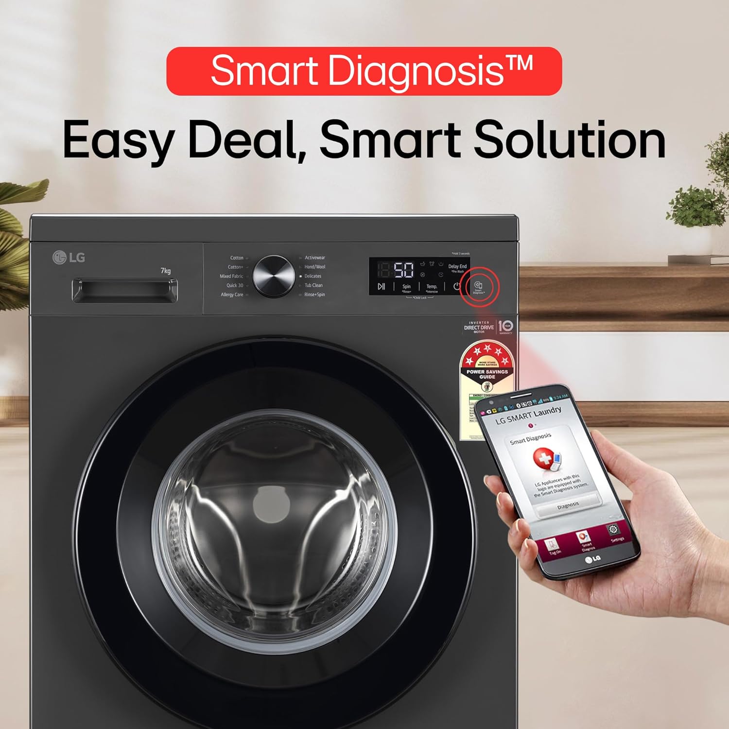 LG 7 Kg- 5 Star- Direct Drive Technology- Steam Wash- 6 Motion DD- Fully-Automatic Front Load Washing Machine (FHB1207Z2M- Allergy Care- In-Built Heater- Touch Panel- Middle Black)
