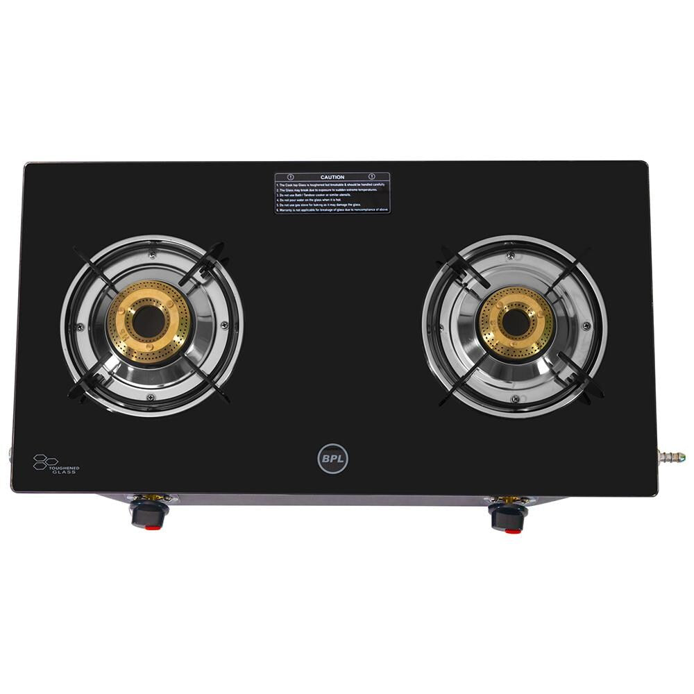 BPL Glass Top 2-Burner Gas Stove with Toughened Glass Top, Brass Burner & Valve, Nylon Base Knobs, 2 Years Warranty