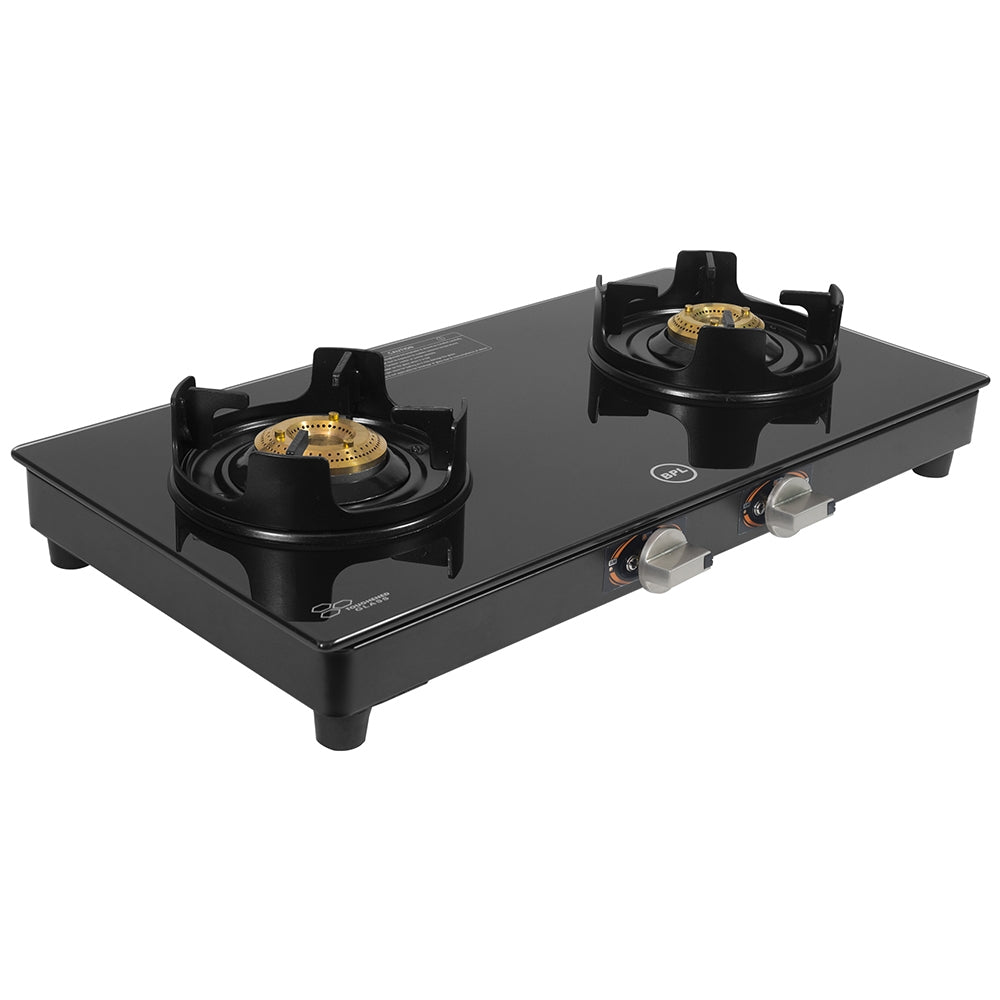 BPL Slim Glass Top 2 Burner Gas Stove BGSGTS0042B, Metal Knobs