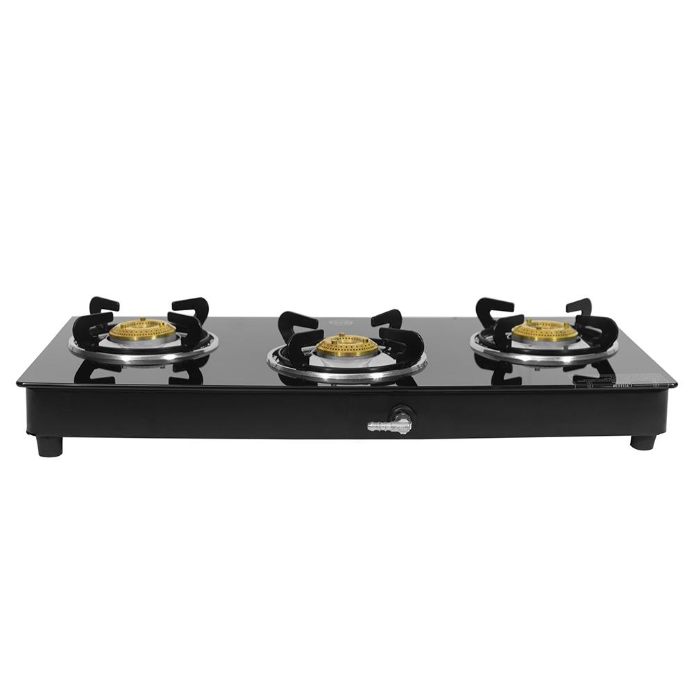 BPL Glass Top 3-Burner Gas Stove with Toughened Glass Top, Brass Burner & Valve, Nylon Base Knobs, 2 Years Warranty
