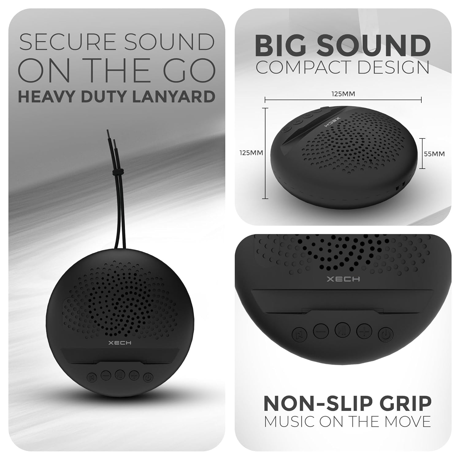 Xech Wireless Mini Speaker image showcasing secure sound on the go, heavy duty lanyard, and compact design for portable use.