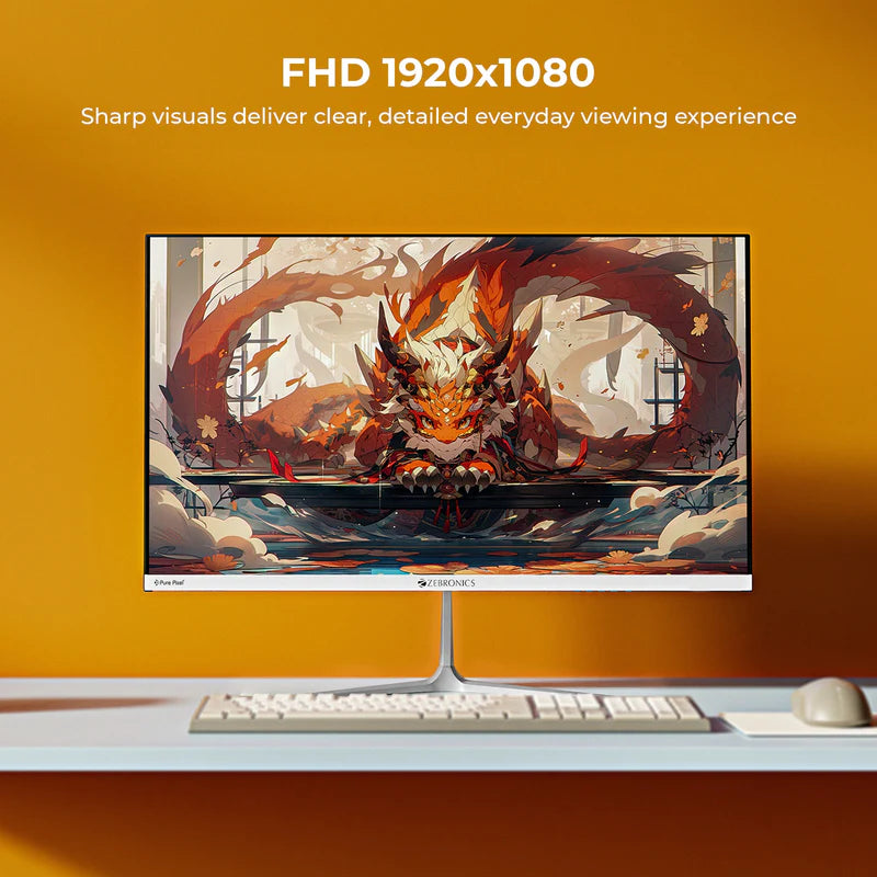 Zebronics A25FHD 25 inch LED Monitor showcasing FHD 1920x1080 resolution and sharp visuals for detailed viewing.