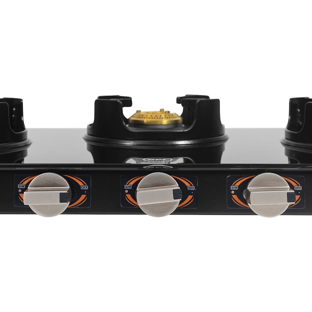 BPL BGSGTS0053B Slim Glass Top 3-Burner Gas Stove, Metal Knobs