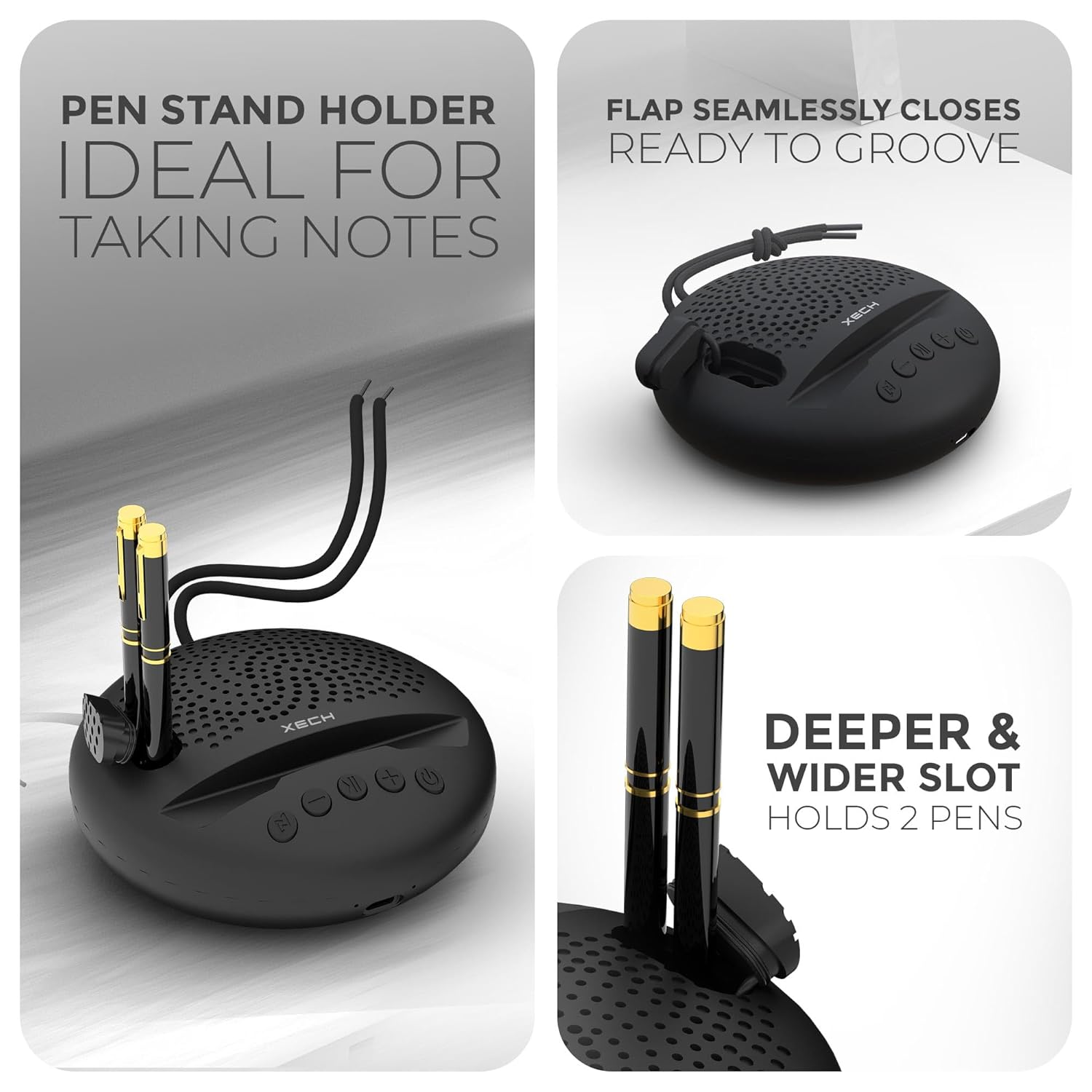 Xech Wireless Mini Speaker with pen stand holder, ideal for taking notes and portable audio, featuring deeper slot for 2 pens.