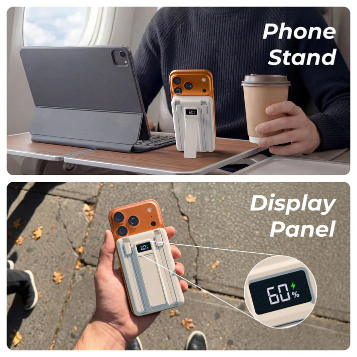 XECH X-Charge MAG PRO showing phone stand and display panel for easy charging and monitoring battery life.