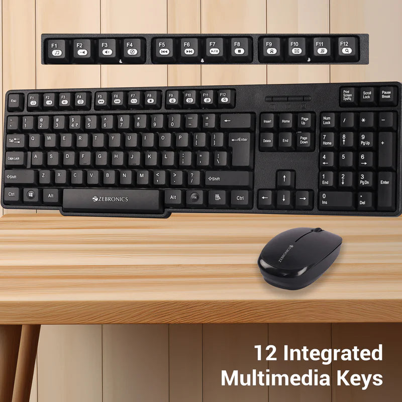 Zebronics Companion 115 Keyboard Combo showing 12 integrated multimedia keys and sleek mouse on wooden table.
