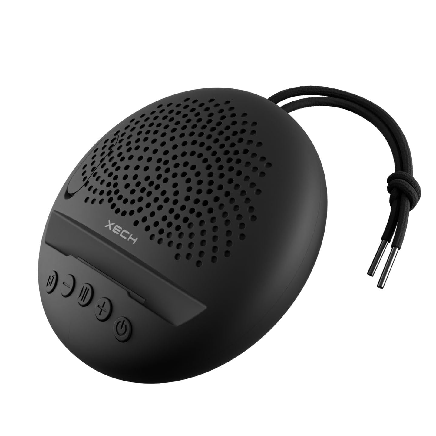 Xech Wireless Mini Speaker in black with a smooth design and control buttons, showcasing portability and audio quality.