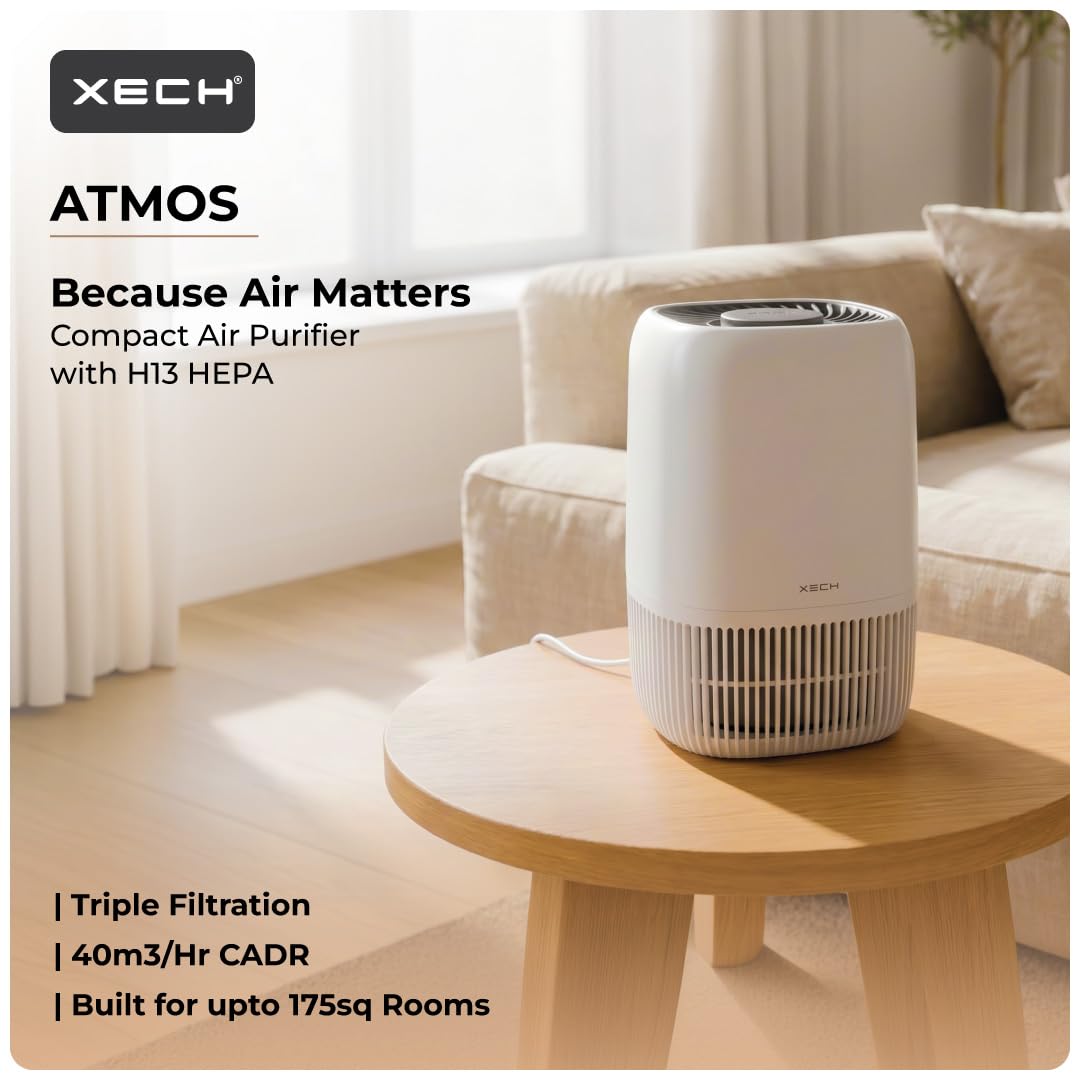 XECH Atmos H13 HEPA Air Purifier on a table, designed for small rooms with triple filtration system.