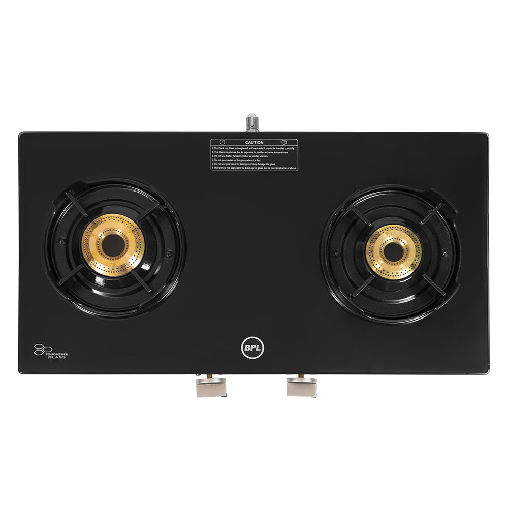 BPL Slim Glass Top 2 Burner Gas Stove BGSGTS0042B, Metal Knobs