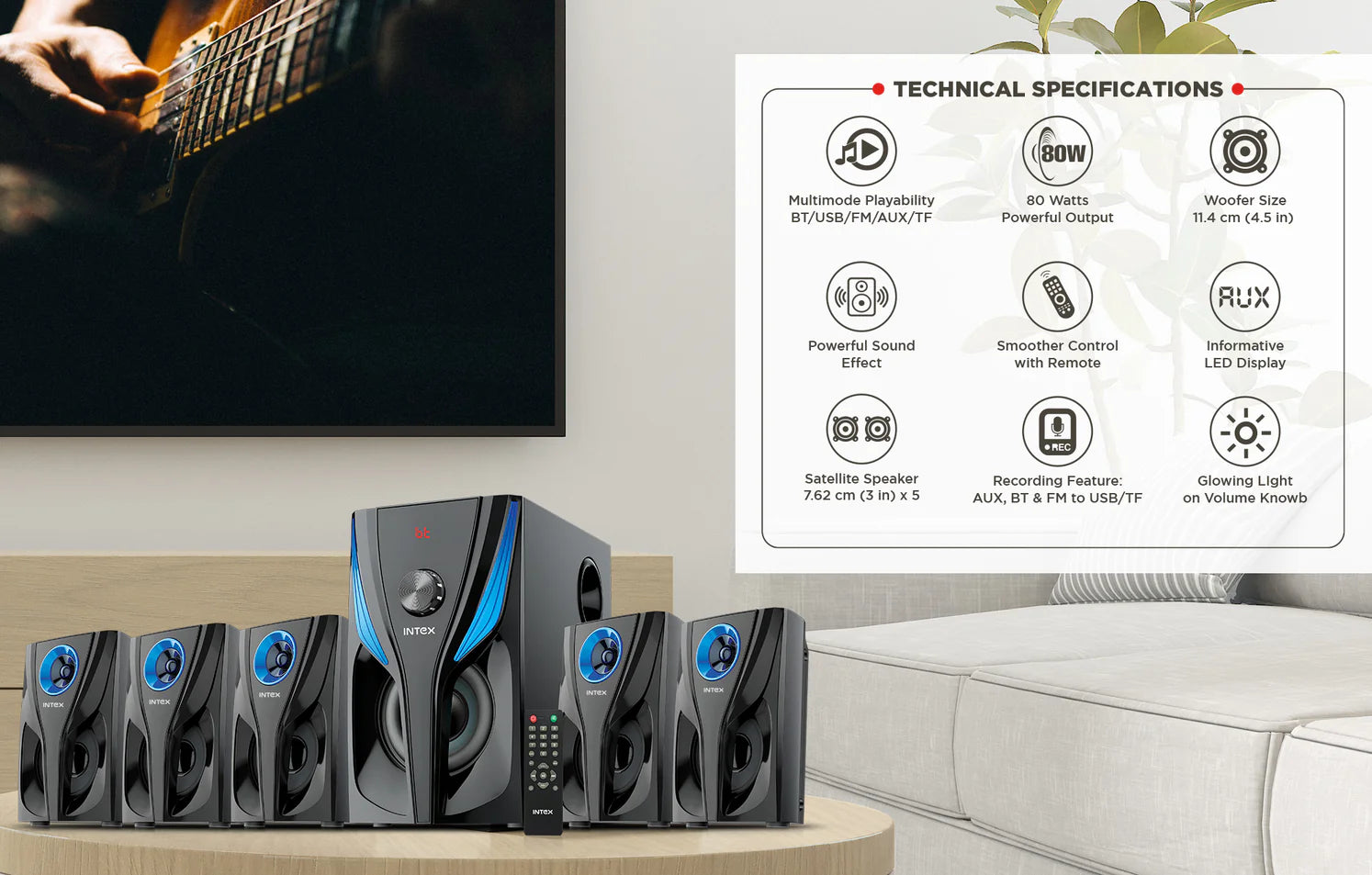 Roar R 800 5.1 CH Multimedia Speaker system with deep bass and technical specifications displayed.