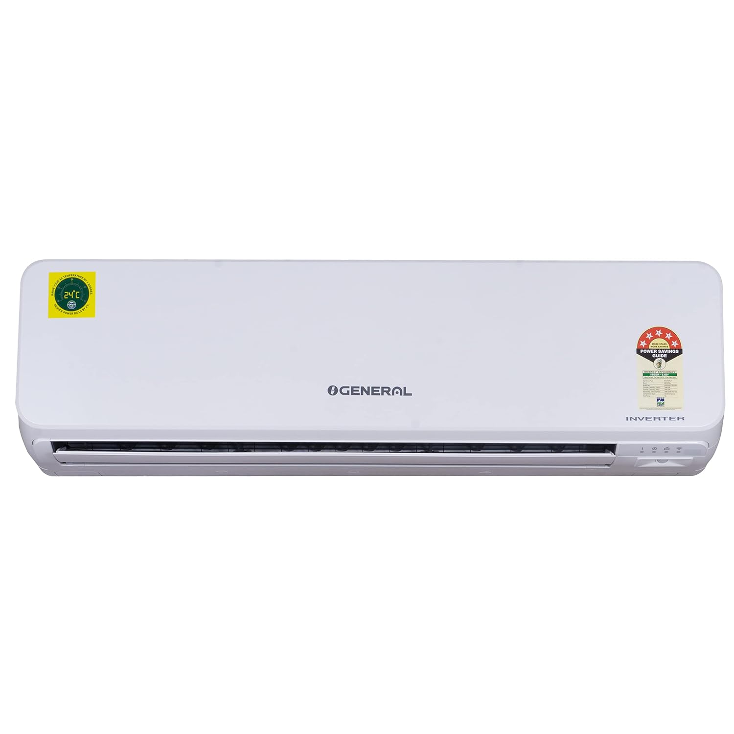 O'General 2 Ton 5 Star Inverter Split AC front view with energy efficiency labels on a white background.