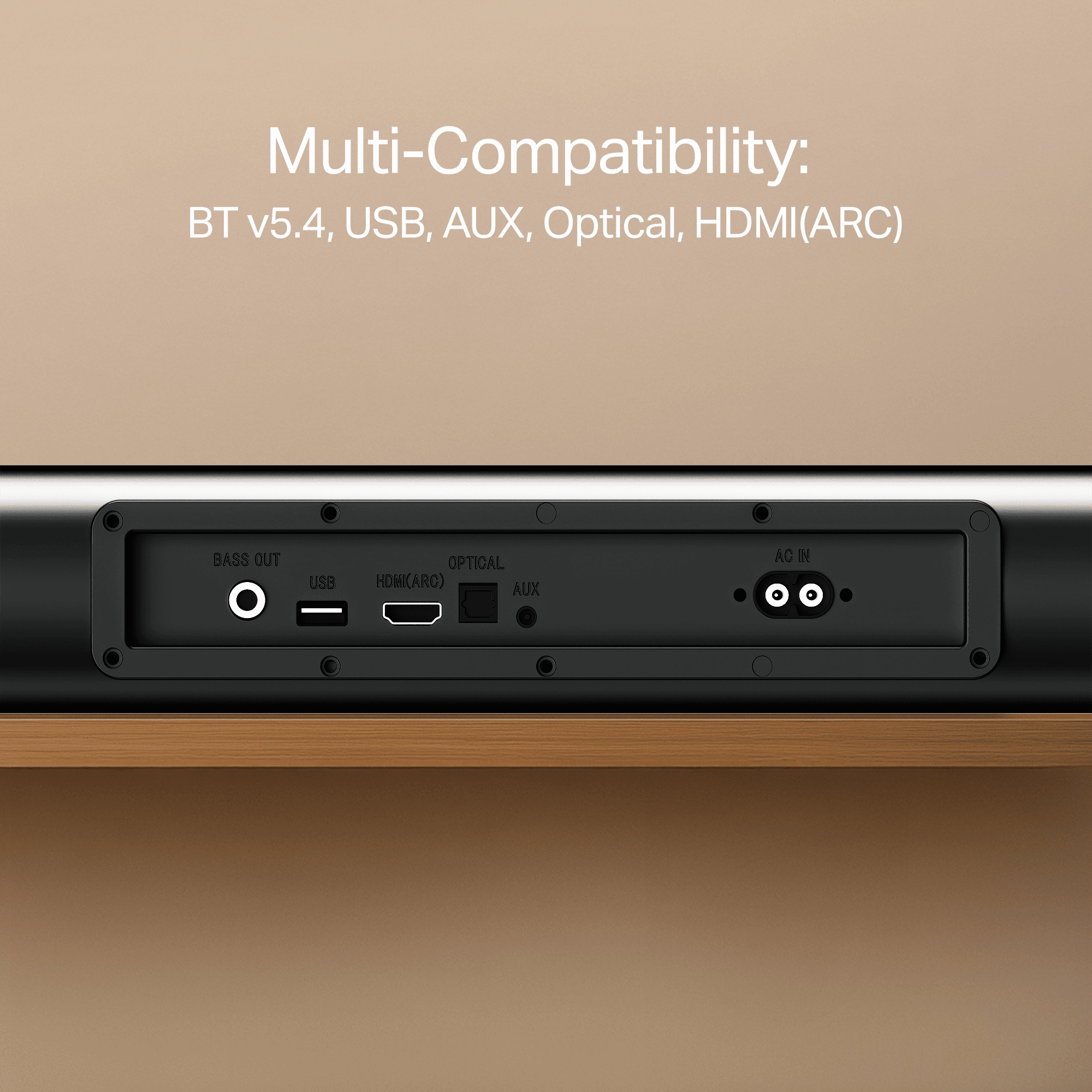 boAt Aavante Aura Plus soundbar multi-compatibility ports including BT 5.4, USB, AUX, Optical, HDMI(ARC)