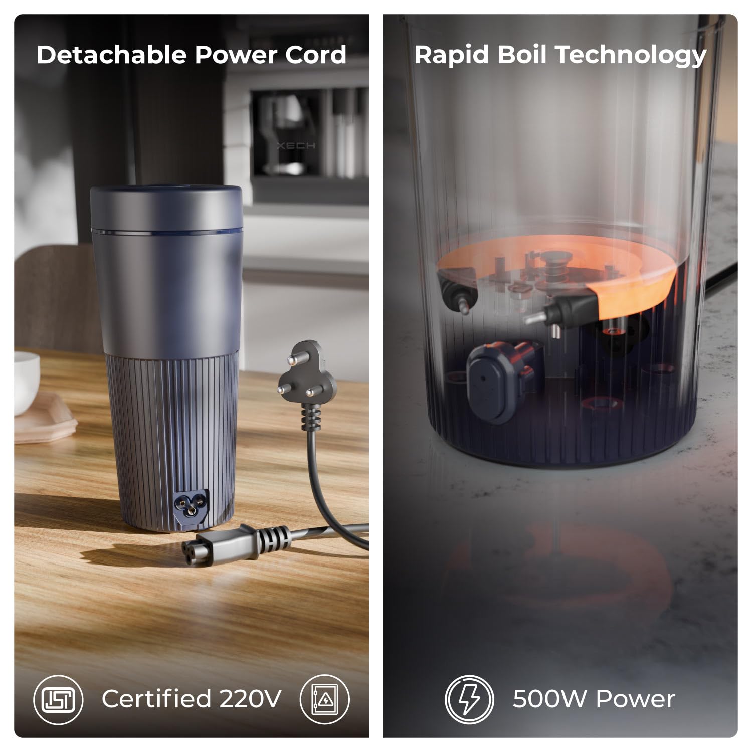 XECH Electric Kettle 700ml | Mini Travel Kettles with Rapid Boil, Cool-Touch ABS Body, 500W Tea Boiler, Coffee & Instant Meals | Compact Hot Water Kettle (Hydroboil PRO) features detachable power cord and rapid boil technology.