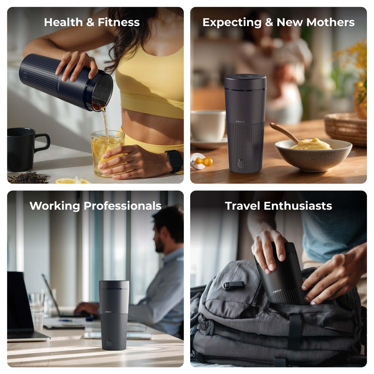 XECH Electric Kettle 700ml | Mini Travel Kettles with Rapid Boil, Cool-Touch ABS Body, 500W Tea Boiler, Coffee & Instant Meals | Compact Hot Water Kettle (Hydroboil PRO) lifestyle image showing various user scenarios.