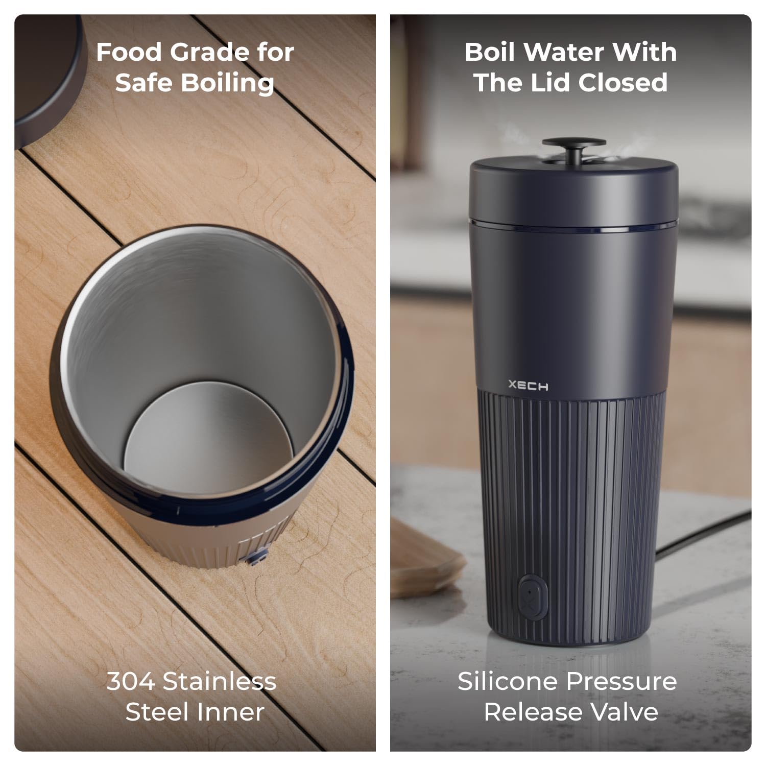 XECH Electric Kettle 700ml | Mini Travel Kettles with Rapid Boil, Cool-Touch ABS Body, 500W Tea Boiler, Coffee & Instant Meals | Compact Hot Water Kettle (Hydroboil PRO) showing 304 stainless steel inner and silicone pressure release valve.