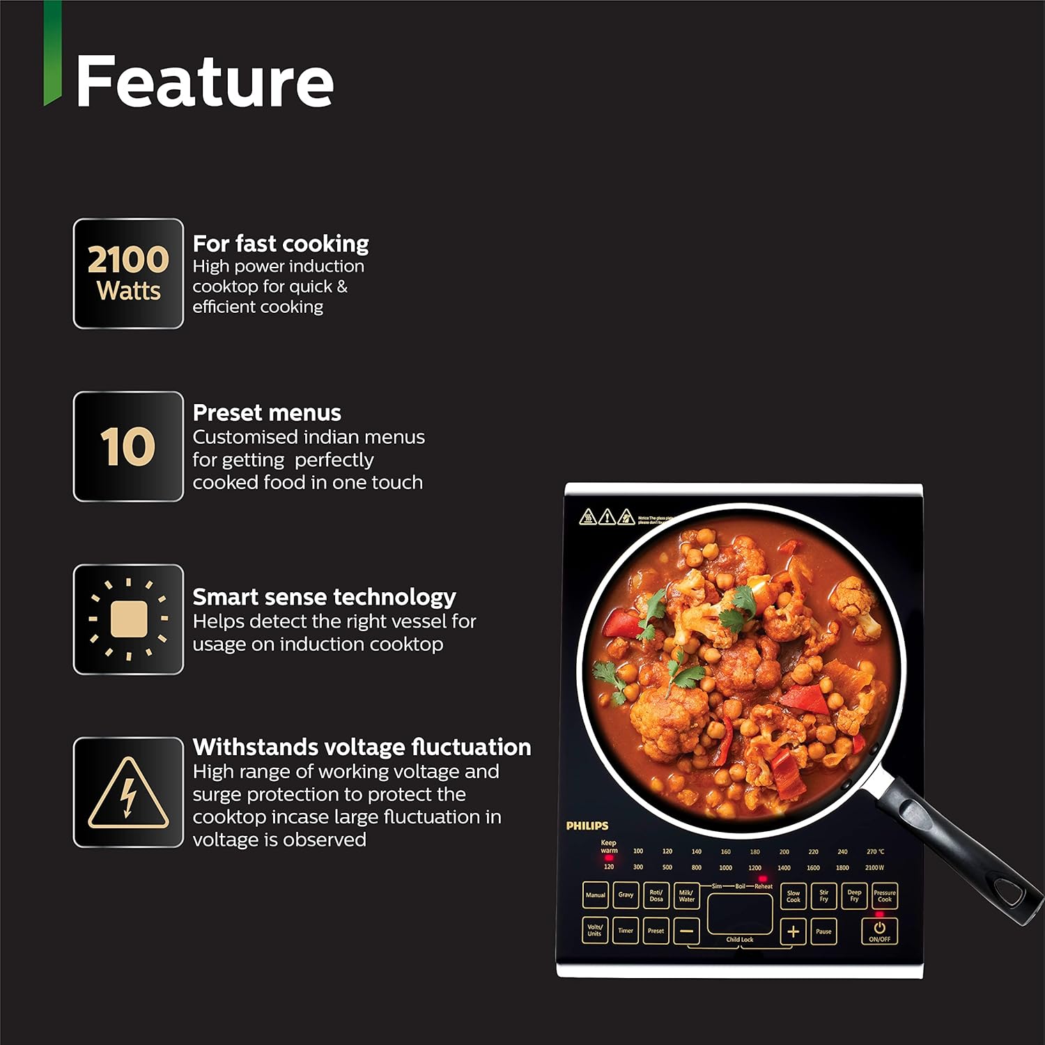 Philips Viva Collection Hd4938/01 2100 Watt Glass Induction Cooktop With Sensor Touch & Full Crystal Glass (Black)