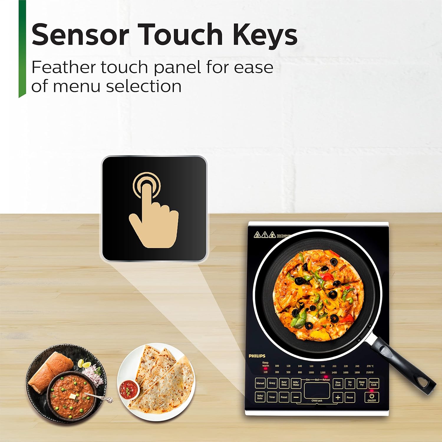 Philips Viva Collection Hd4938/01 2100 Watt Glass Induction Cooktop With Sensor Touch & Full Crystal Glass (Black)