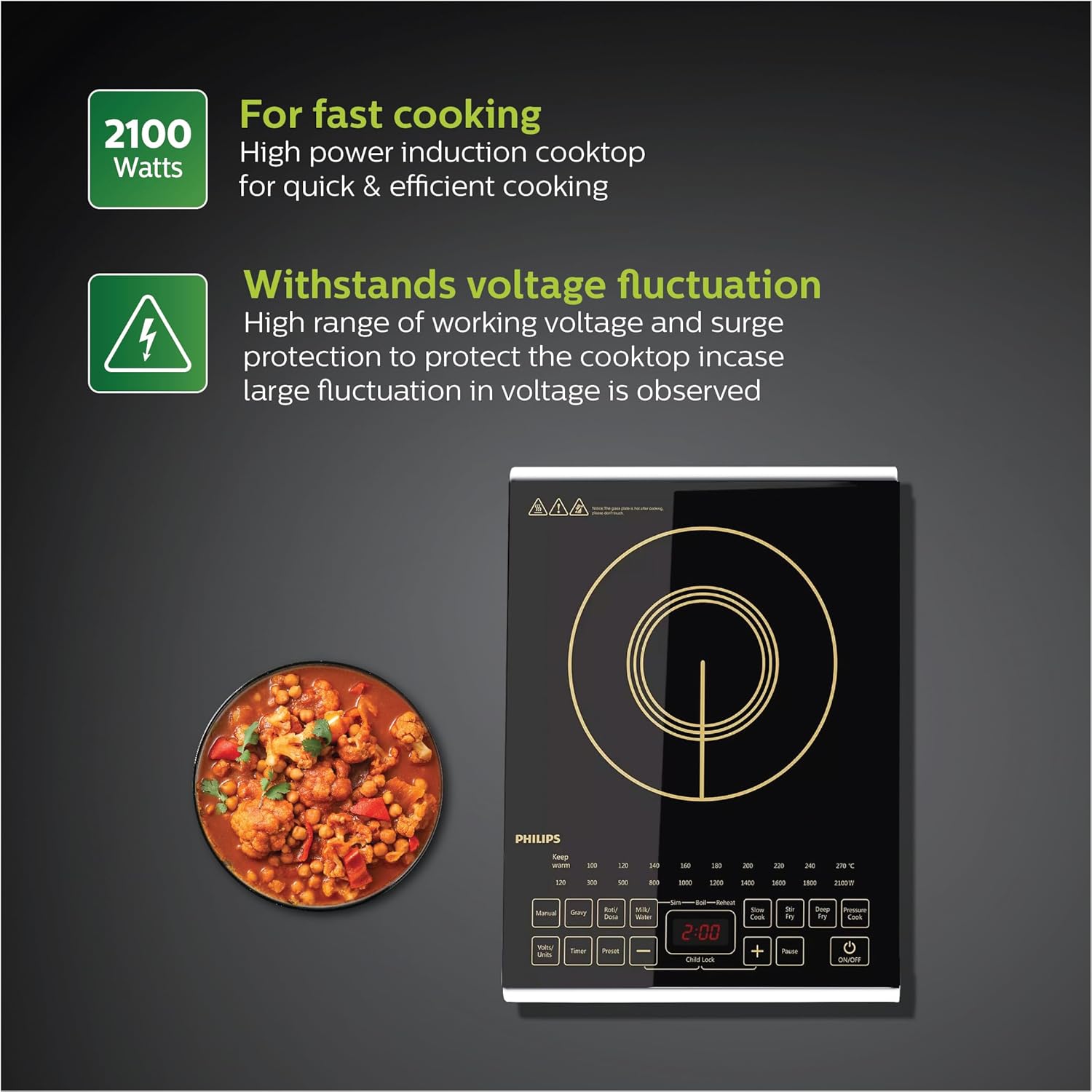 Philips Viva Collection Hd4938/01 2100 Watt Glass Induction Cooktop With Sensor Touch & Full Crystal Glass (Black)