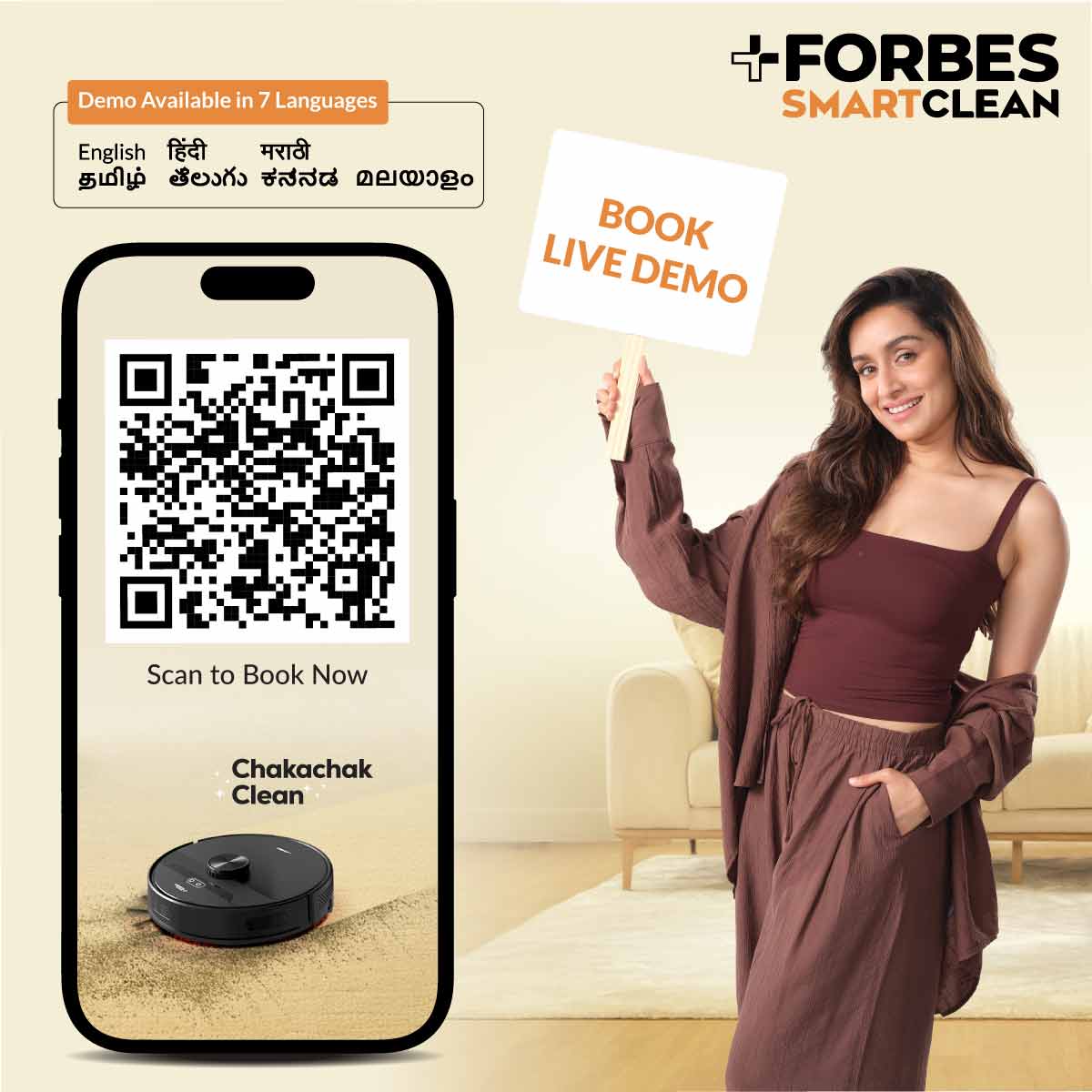 Eureka Forbes Smart Vacuum Cleaner promotional image with QR code to book a live demo for smart cleaning.