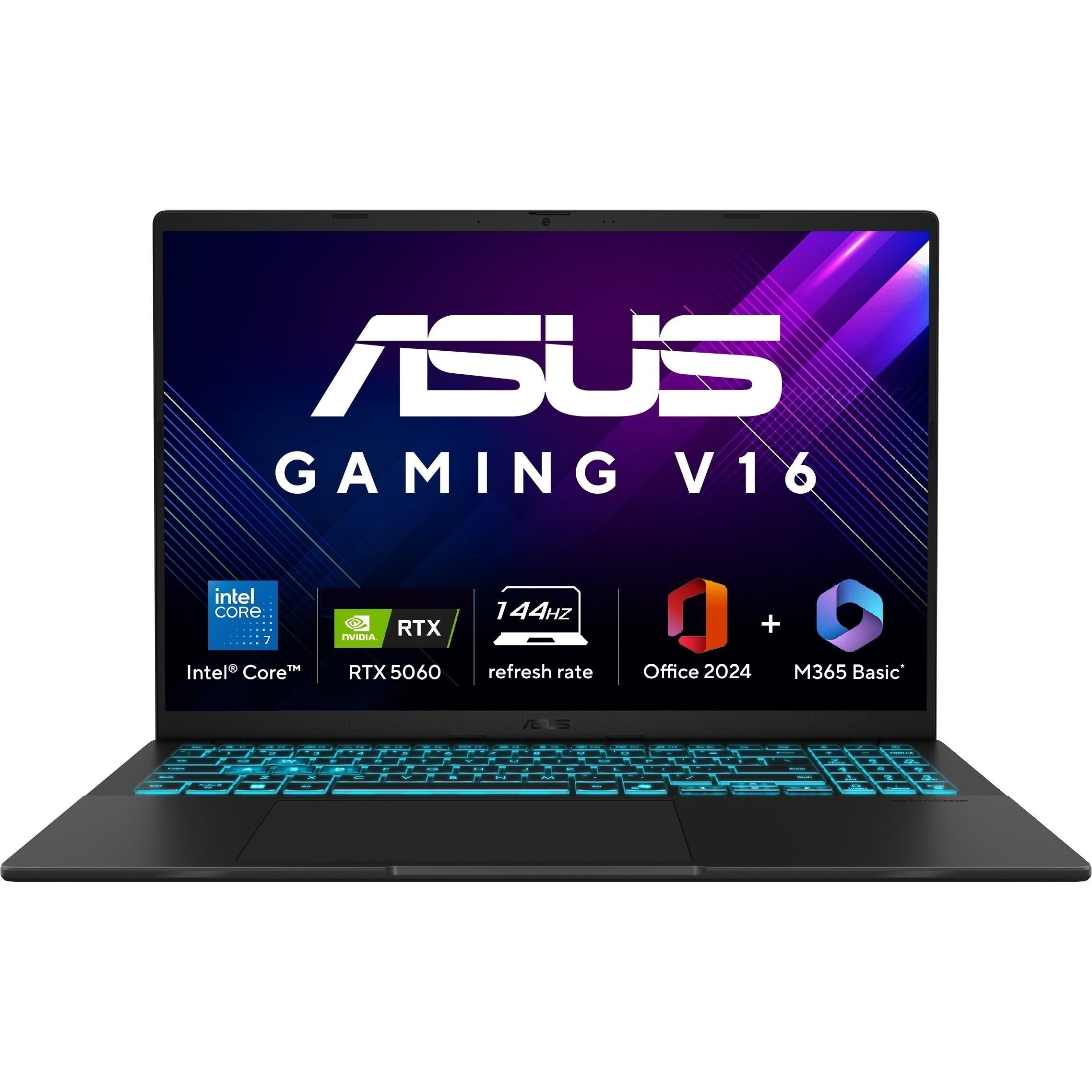 Alt Tag: ASUS Gaming Laptop V16 with RTX 5060, 144Hz display, Intel Core 7, backlit keyboard gaming notebook front view