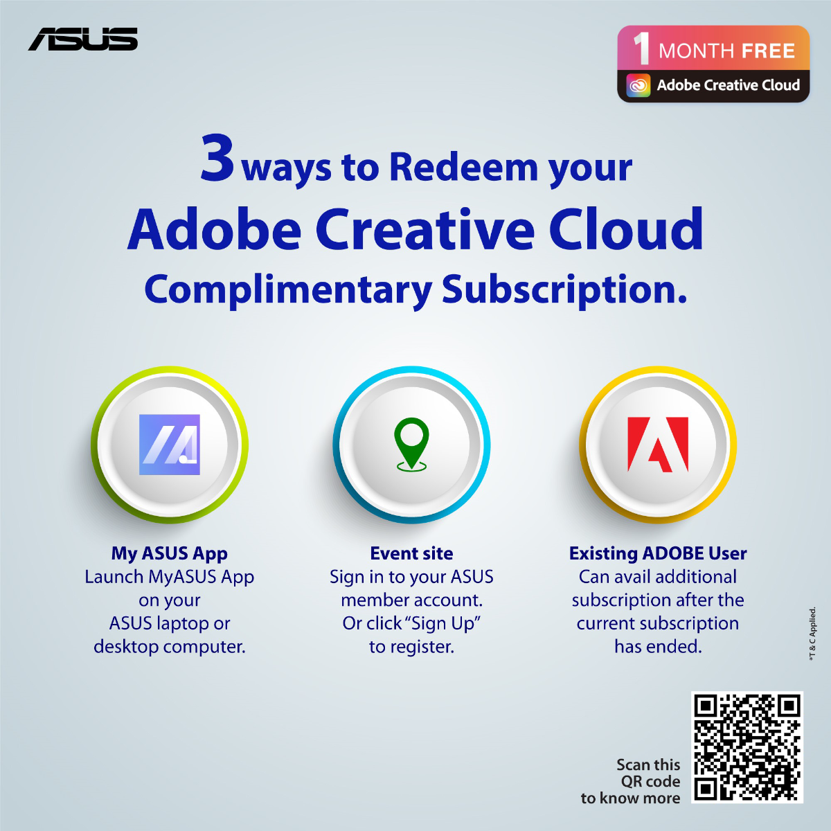 ASUS Gaming Laptop Adobe Creative Cloud complimentary subscription redemption guide with 3 ways via MyASUS app, event site, existing user QR