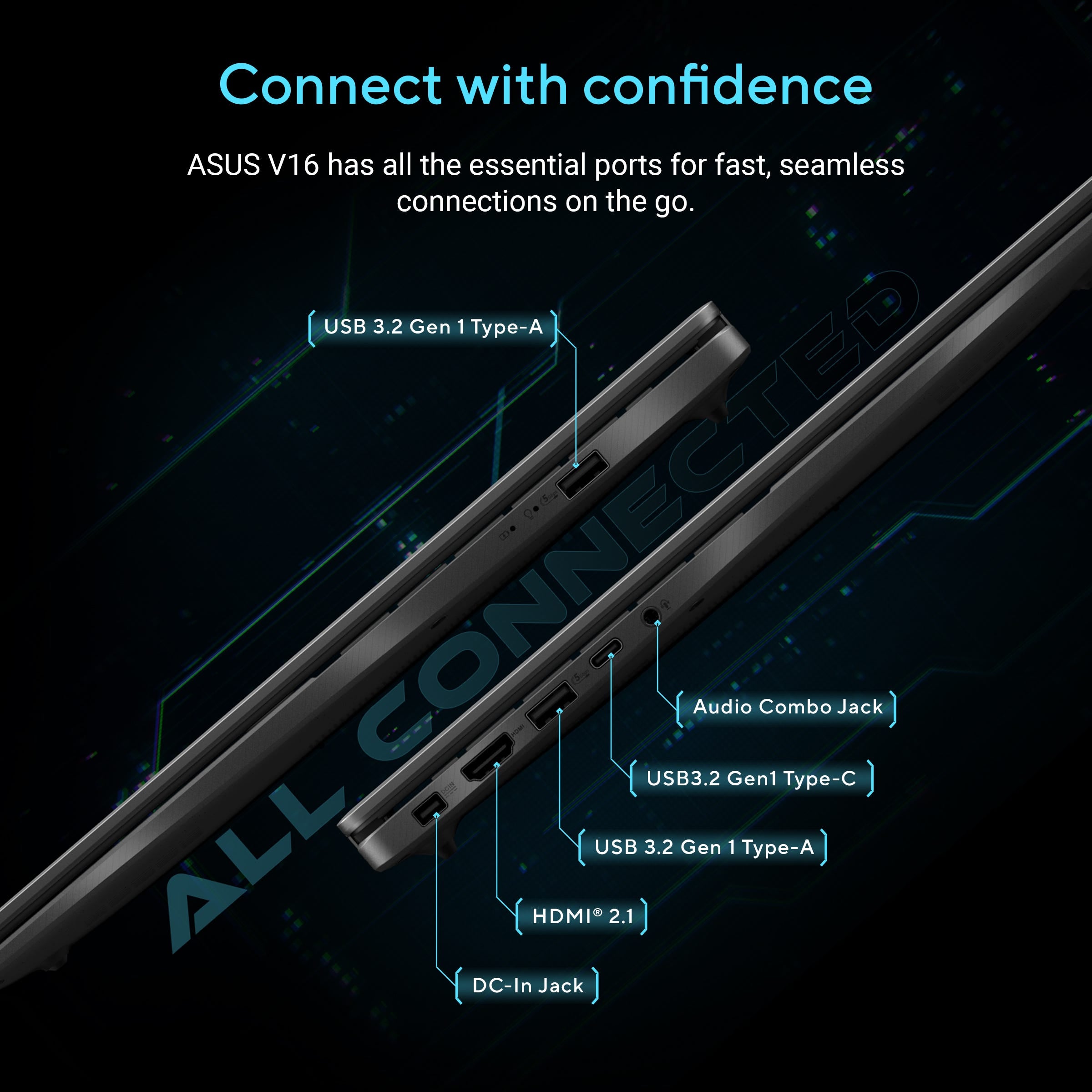ASUS Gaming Laptop V16 port layout showing USB 3.2 Gen 1 Type-A, USB-C, HDMI 2.1, audio combo jack, and DC-in