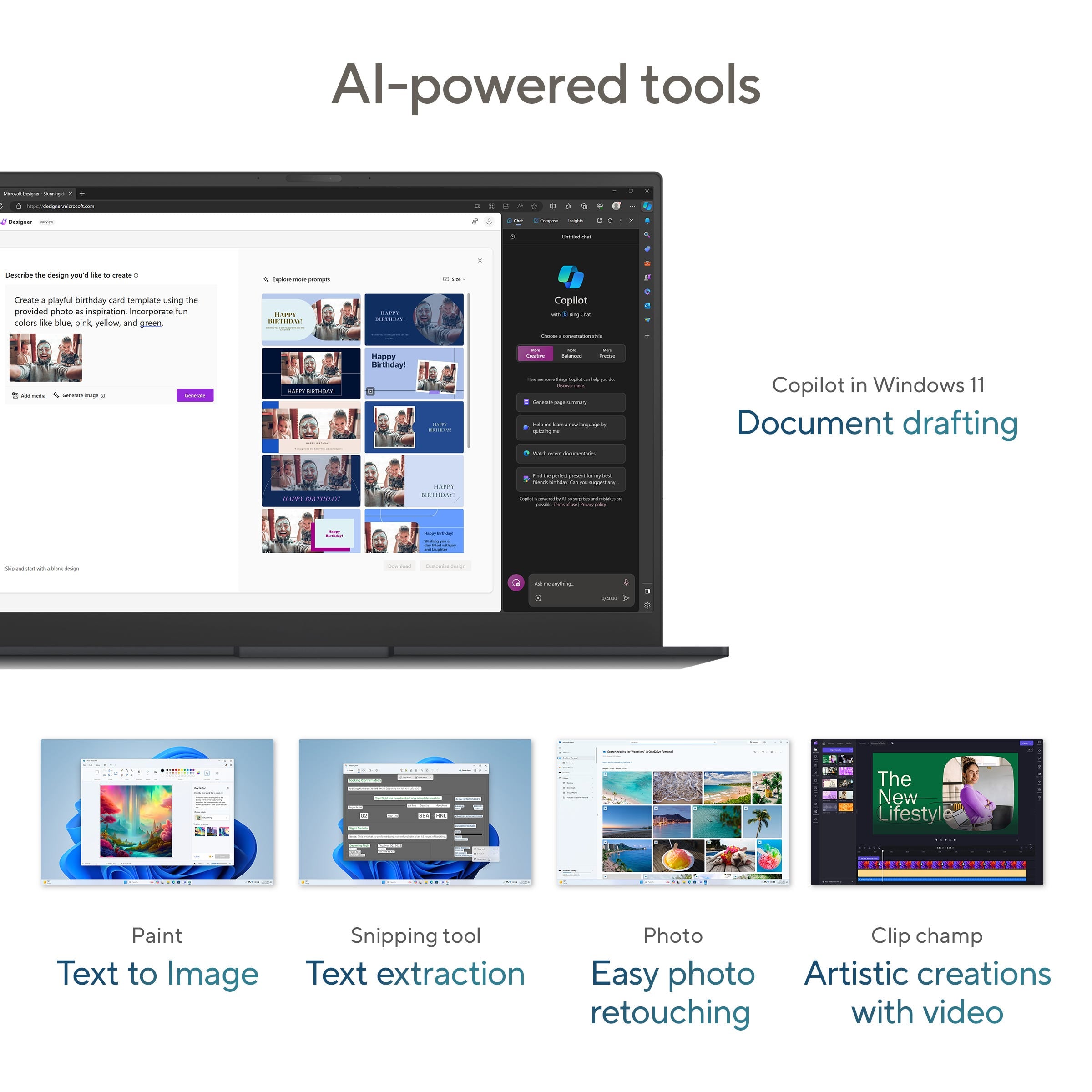 ASUS Gaming Laptop V16 with AI-powered tools in Windows 11, Copilot document drafting, text to image, text extraction, photo retouching