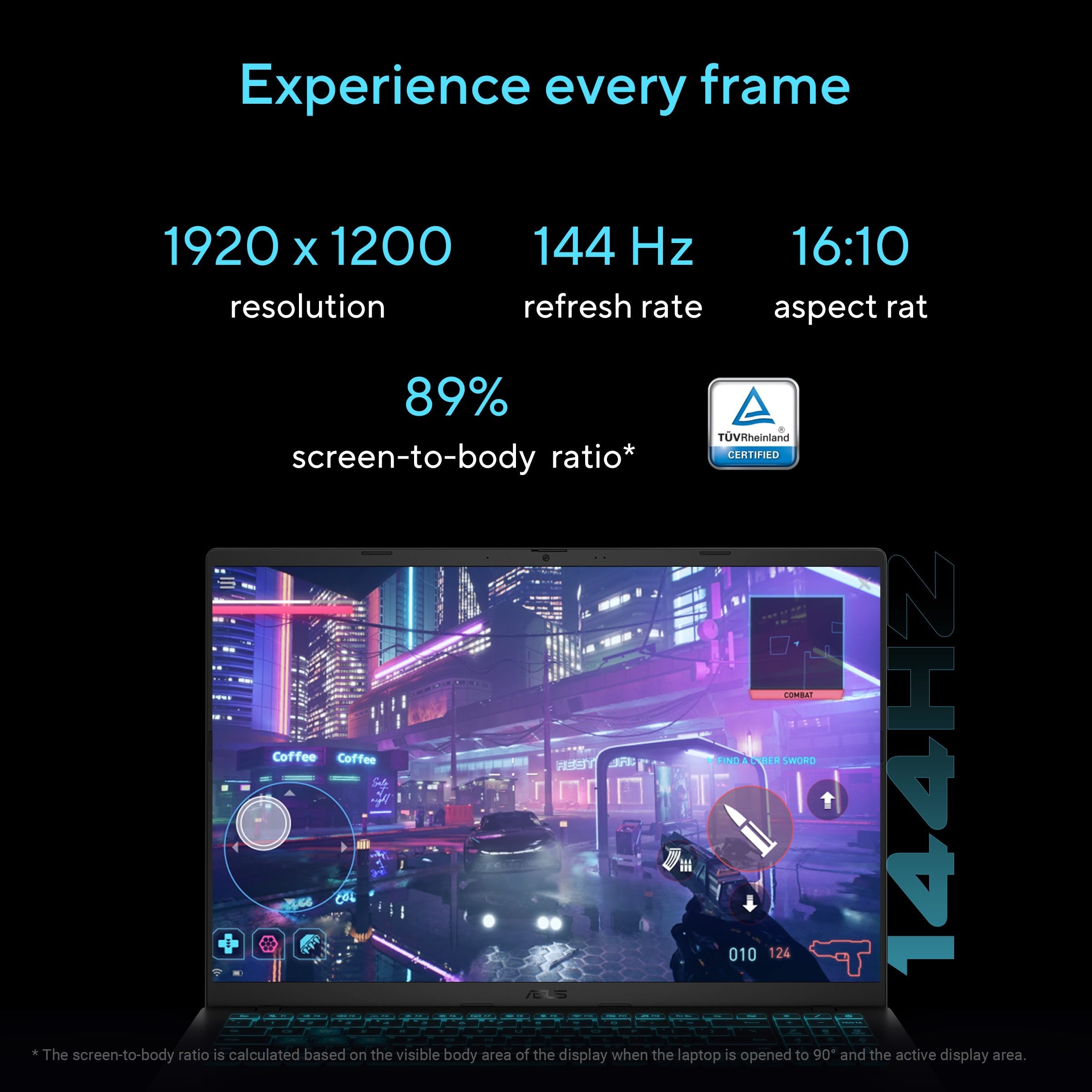 ASUS Gaming Laptop V16 display specs graphic: 1920x1200 resolution, 144Hz refresh rate, 16:10 aspect ratio, 89% screen-to-body