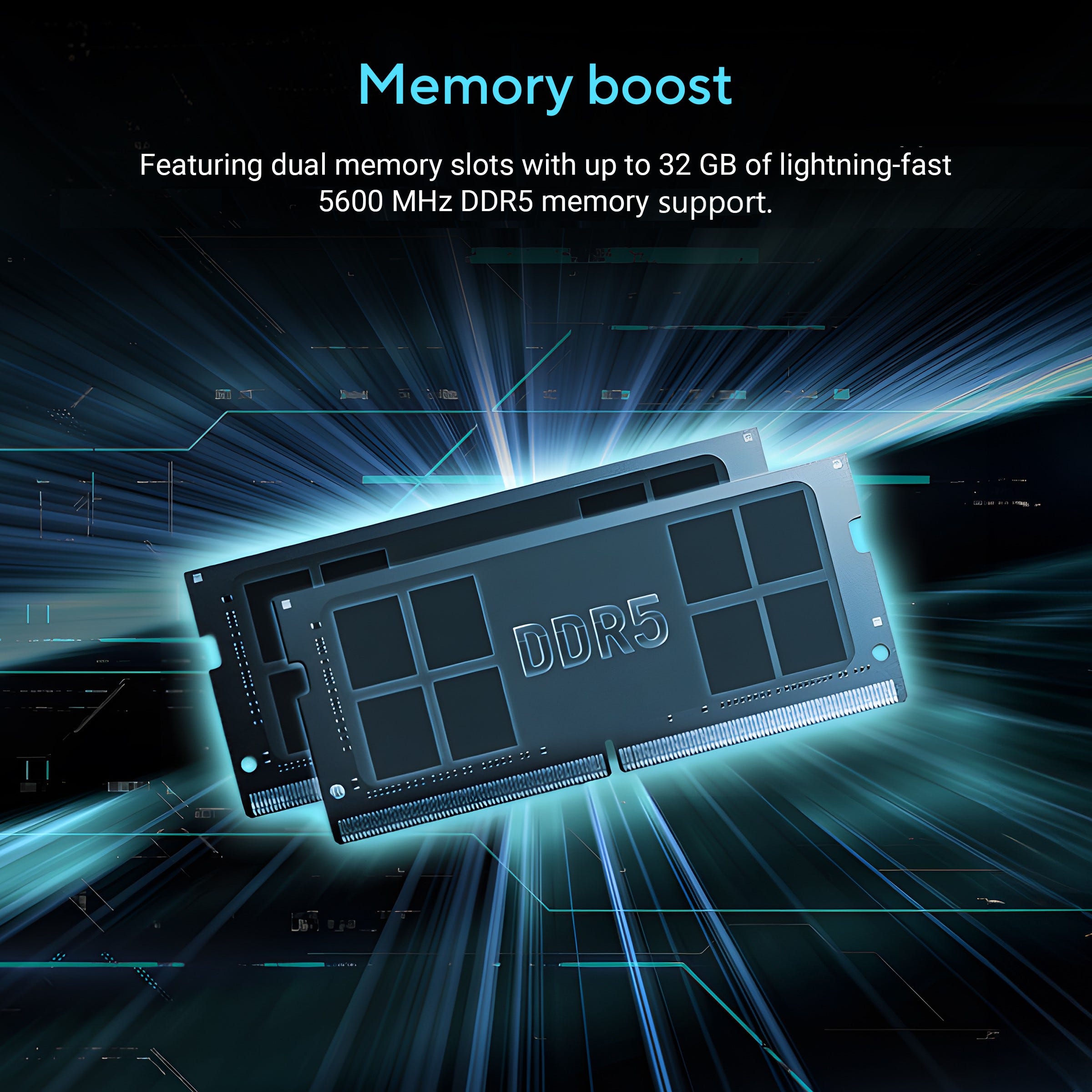 ASUS Gaming Laptop DDR5 memory boost graphic showing dual slots up to 32GB 5600MHz DDR5 RAM support