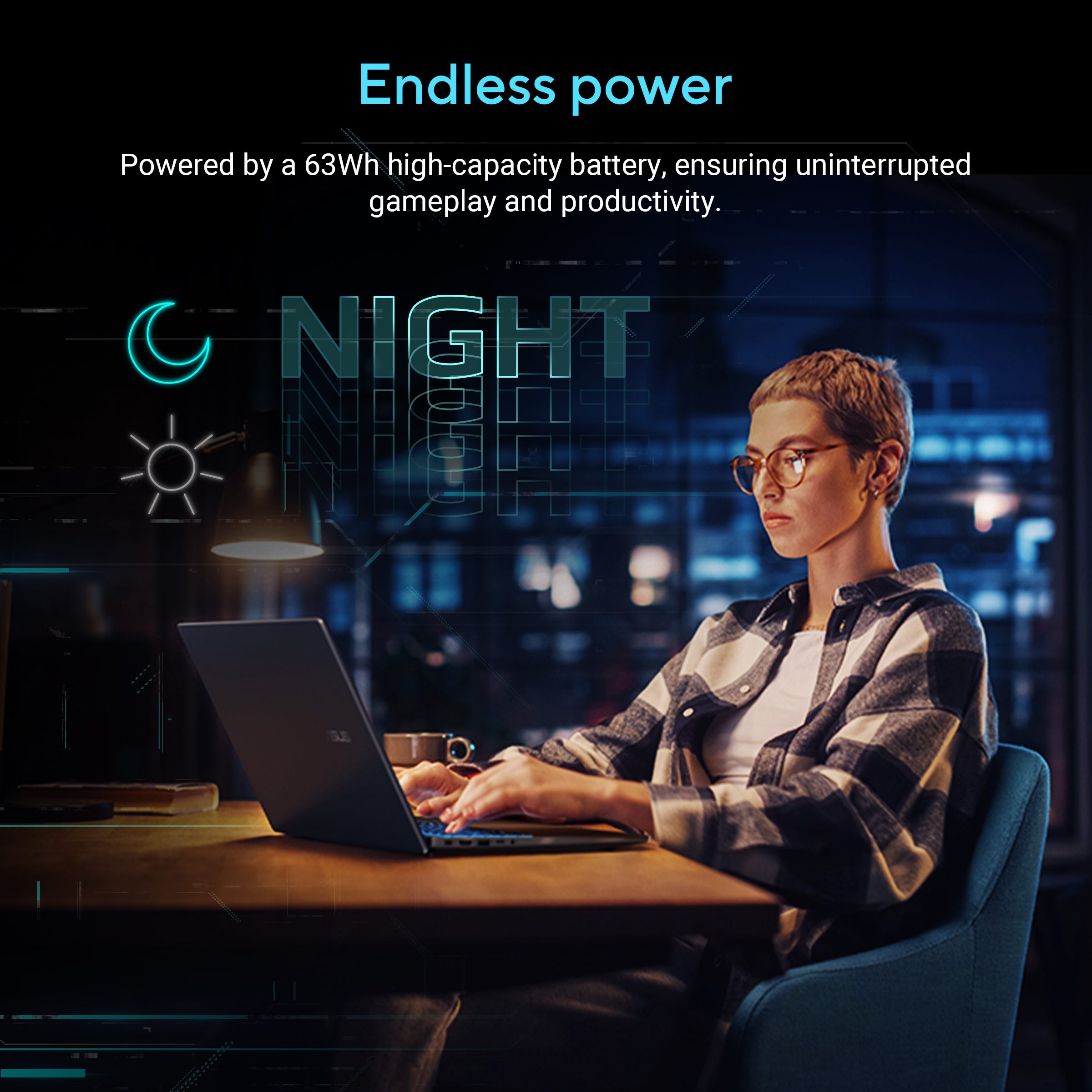 Alt Tag: ASUS Gaming Laptop V16 with 63Wh high-capacity battery for uninterrupted gaming and productivity, night use lifestyle image