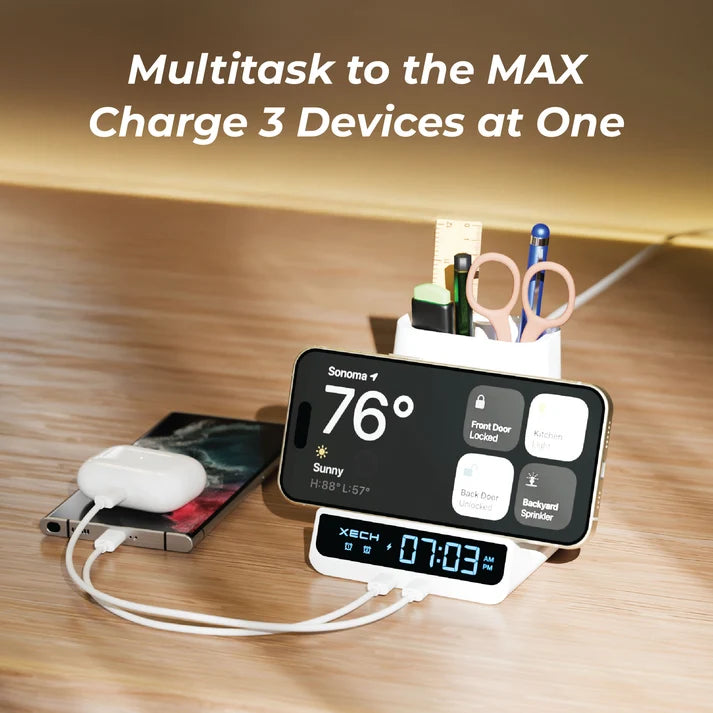 XECH Quest Max Digital Alarm Clock with Pen Stand and Wireless Charger
