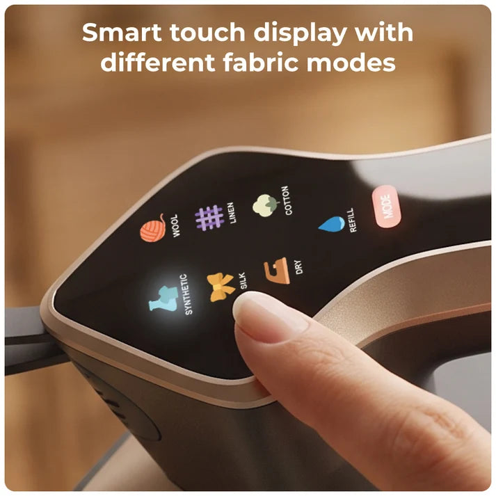 Smart touch display of XECH Imperia Garment Steamer with modes for different fabric types.