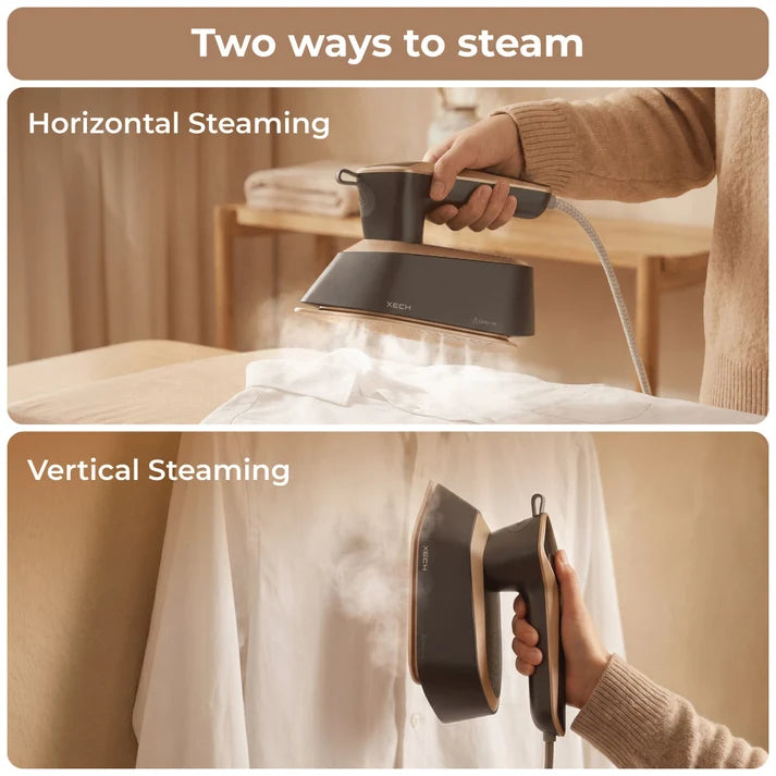 Two ways to steam with XECH Imperia Garment Steamer, showcasing horizontal and vertical steaming options.