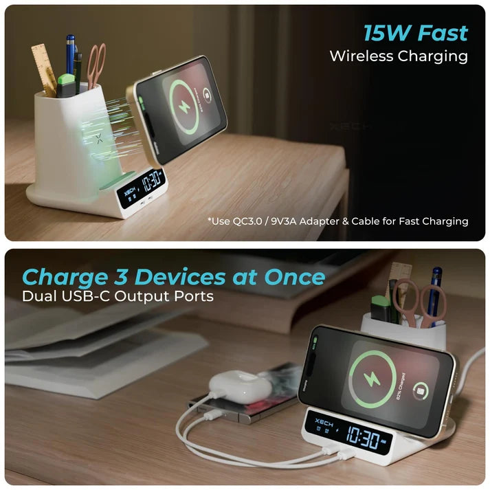 XECH Quest Max Digital Alarm Clock with Pen Stand and Wireless Charger