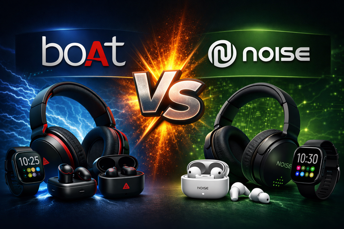 boAt vs Noise Earbuds showdown, featuring boAt and Noise products in a vibrant graphic design.